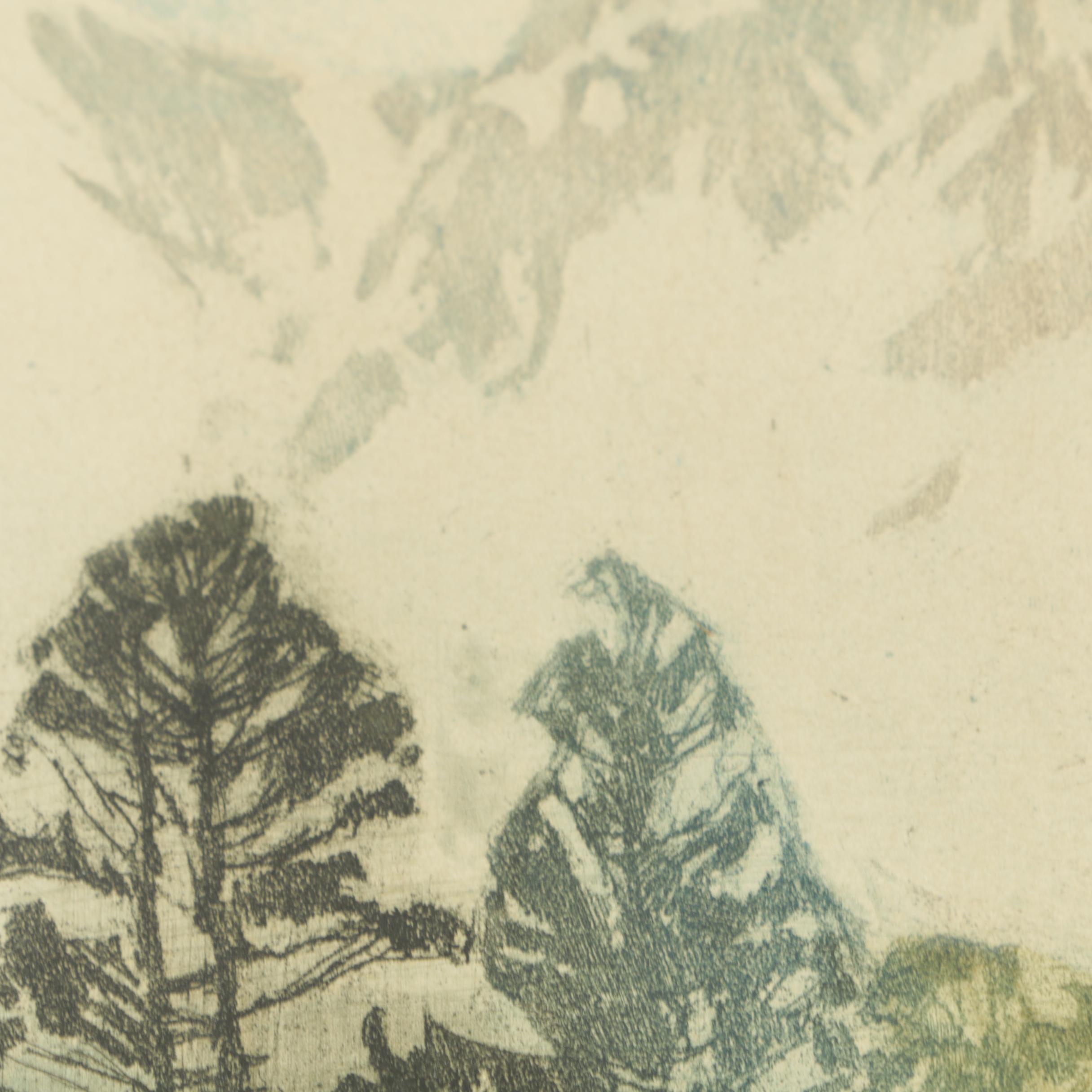 Vintage Color Etching on Paper of the Bavarian Alps