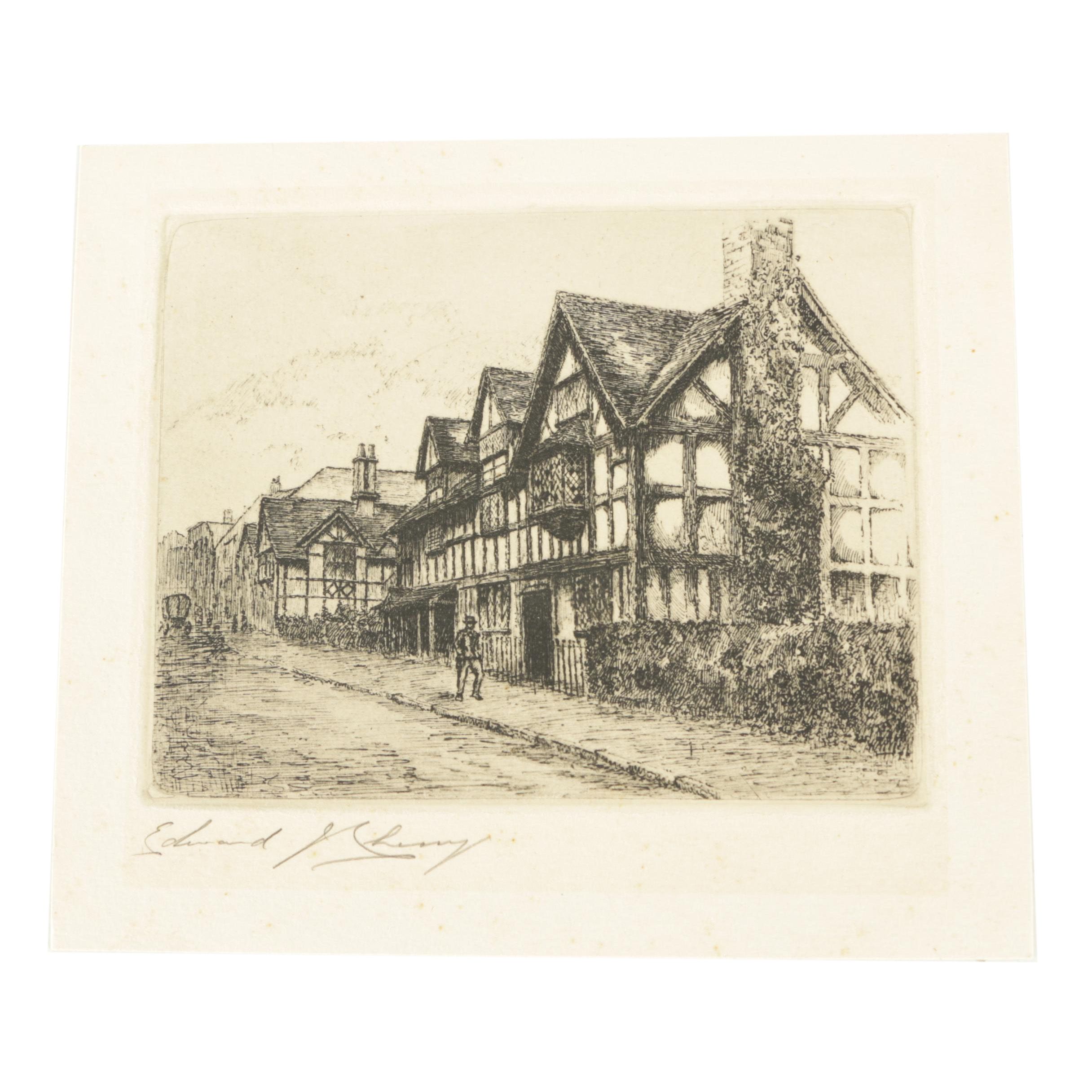 Edward J. Cherry Etching on Paper of Stratford-On-Avon