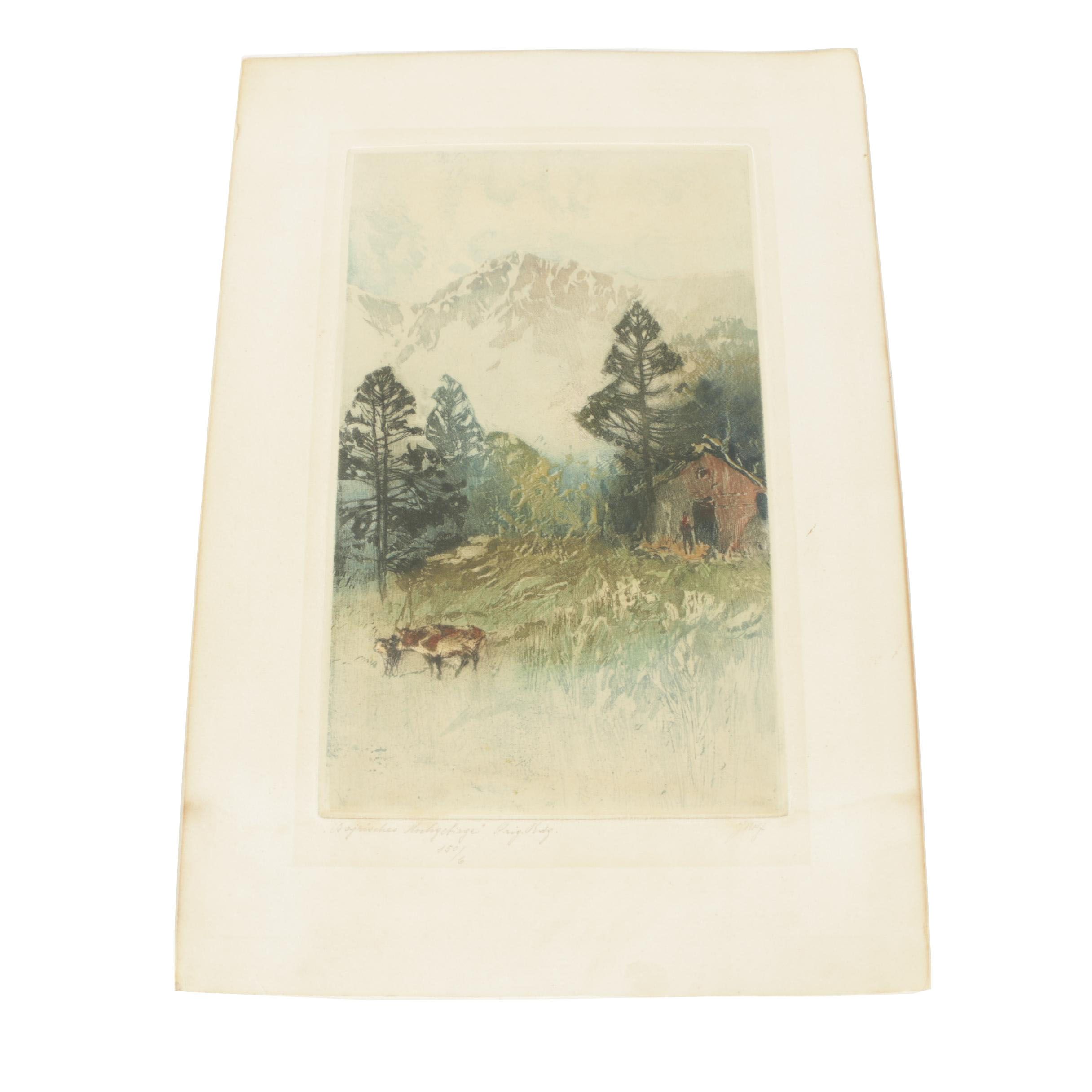 Vintage Color Etching on Paper of the Bavarian Alps