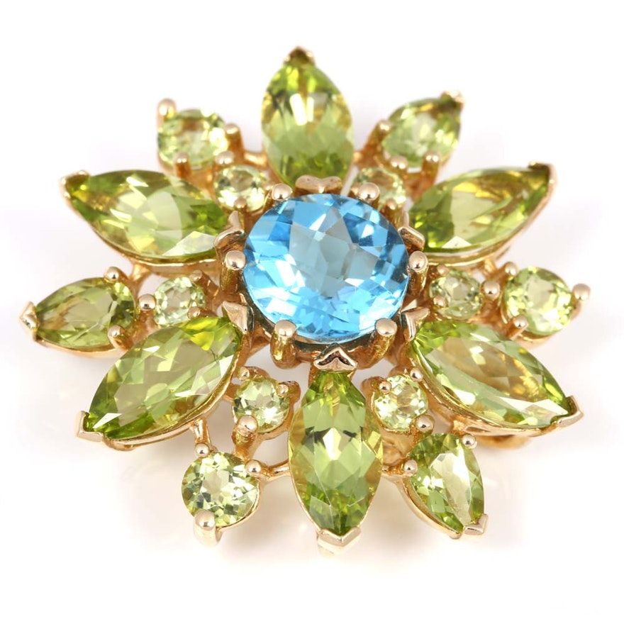 14K Yellow Gold, 3.50 CT Blue Topaz, and Peridot Brooch