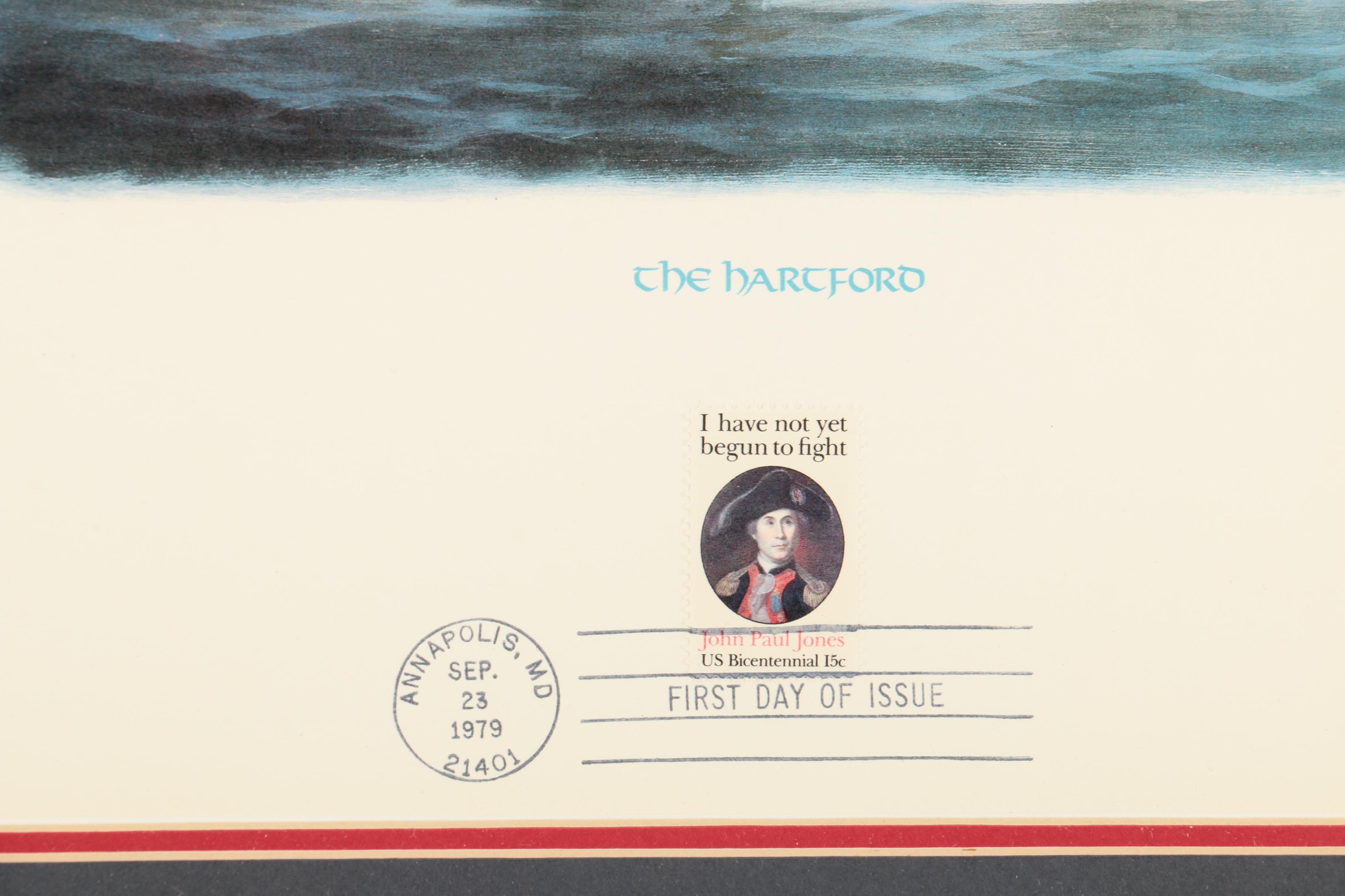Reproduction After Chas Lundgren's "USS Hartford" with a Bicentennial Stamp