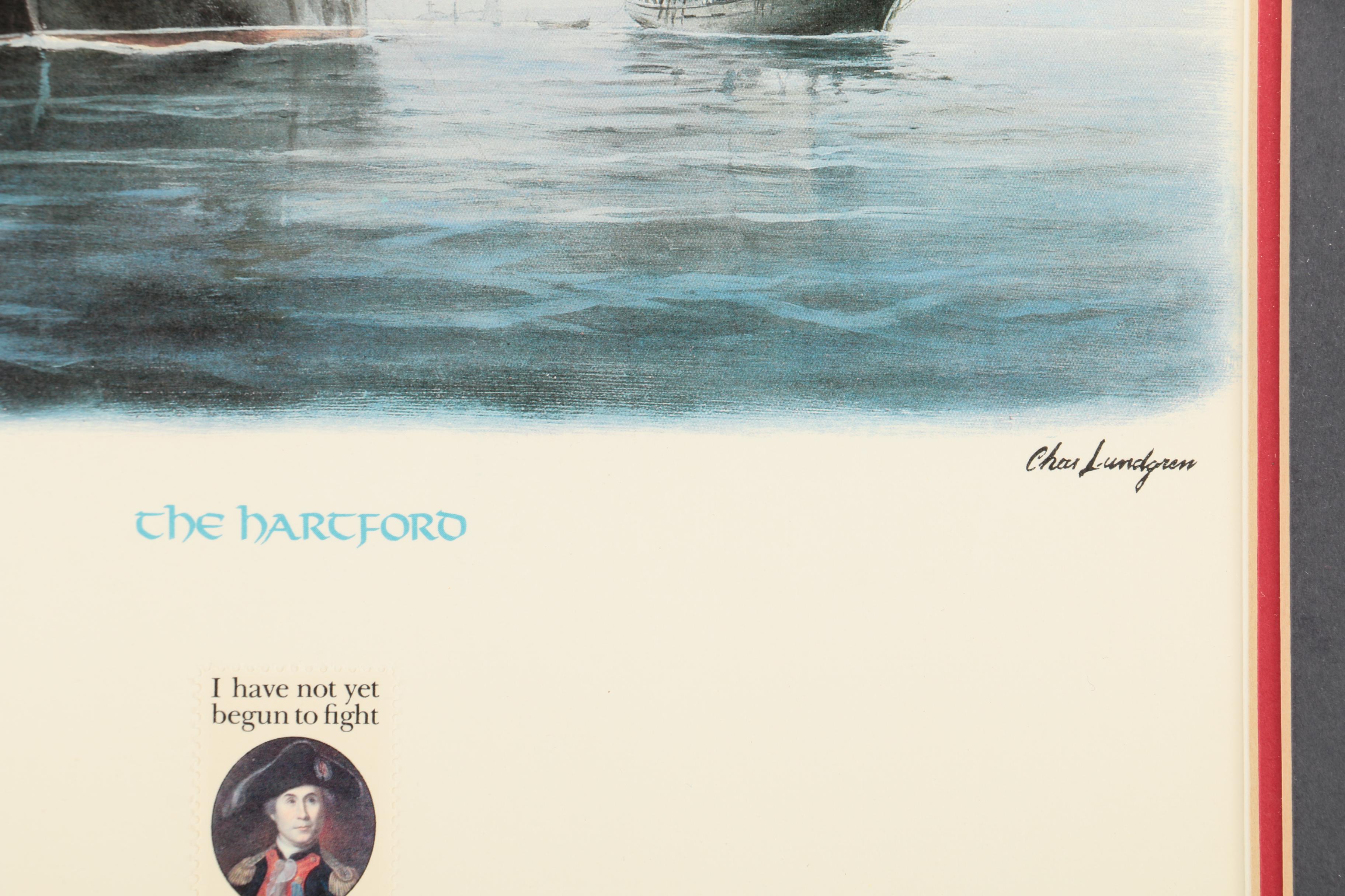Reproduction After Chas Lundgren's "USS Hartford" with a Bicentennial Stamp
