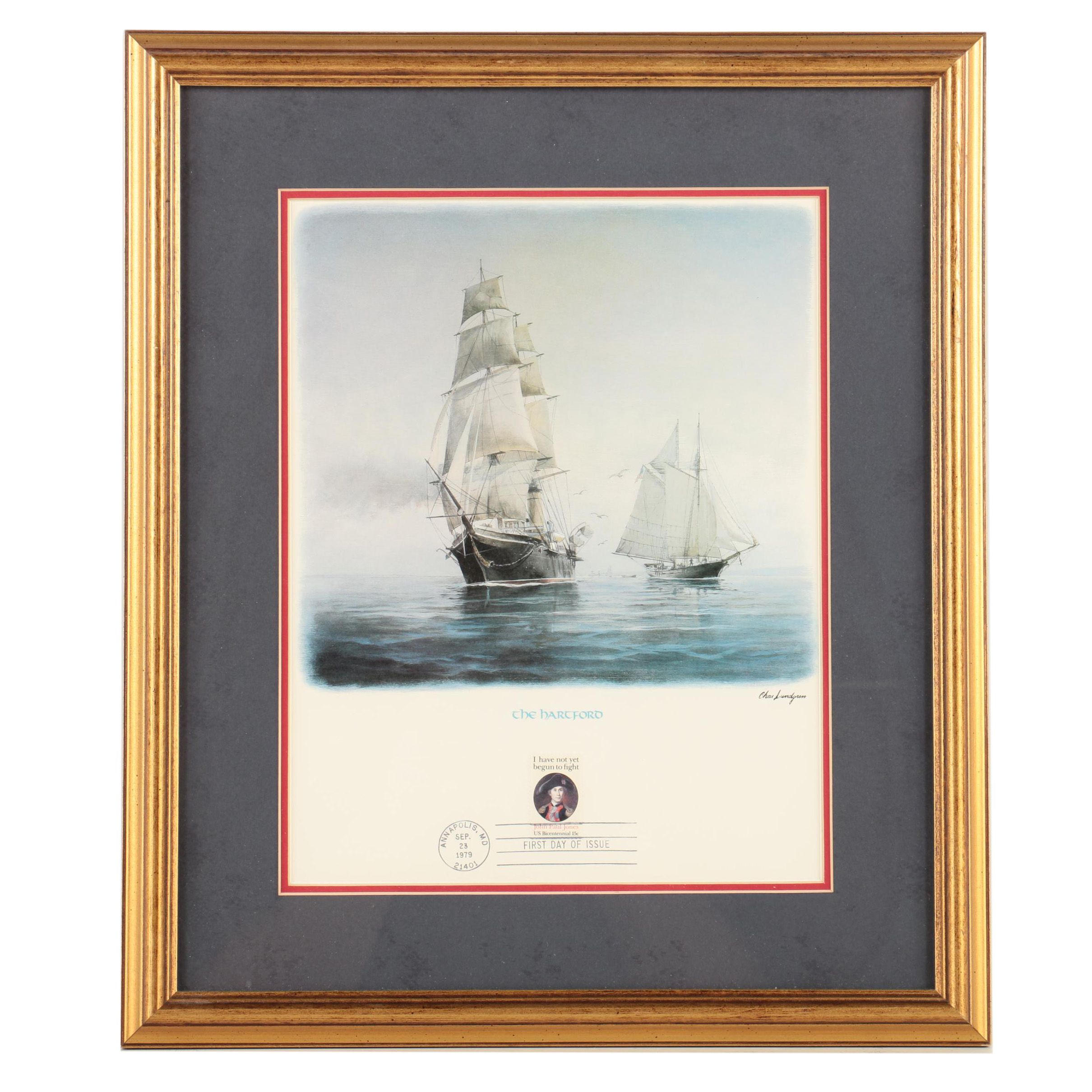 Reproduction After Chas Lundgren's "USS Hartford" with a Bicentennial Stamp