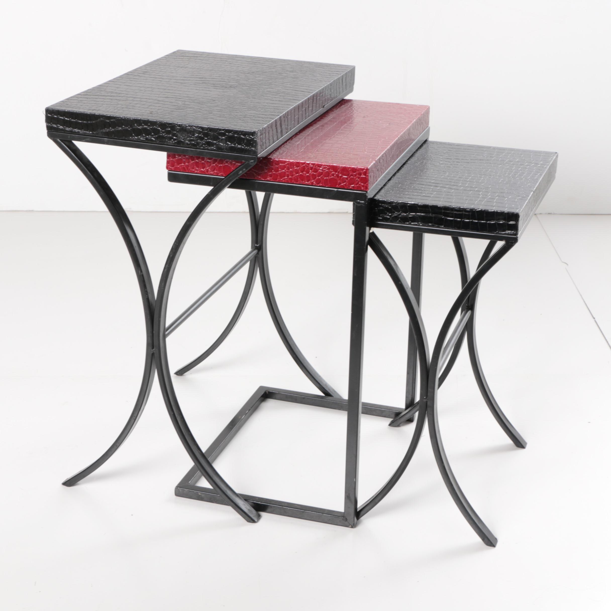 Set of Three Alligator Textured Nested Tables in Black and Red
