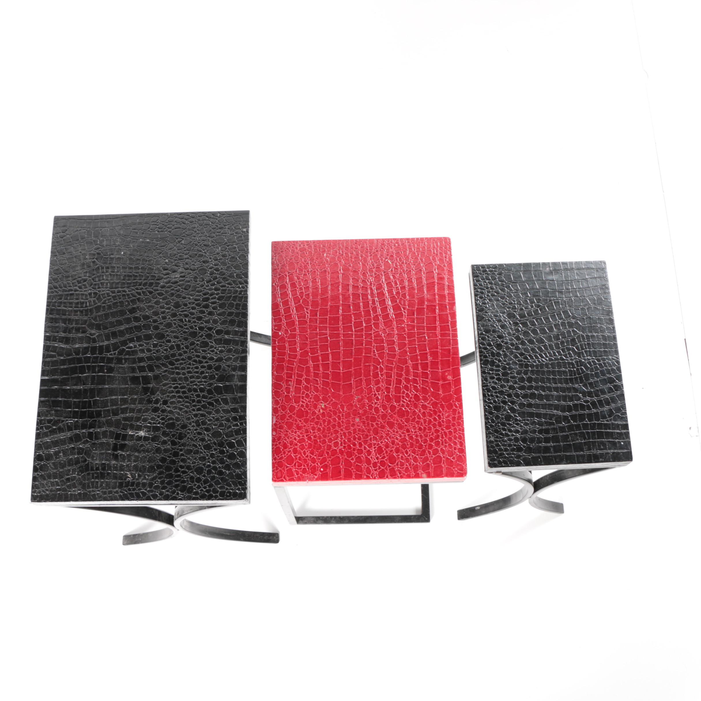 Set of Three Alligator Textured Nested Tables in Black and Red