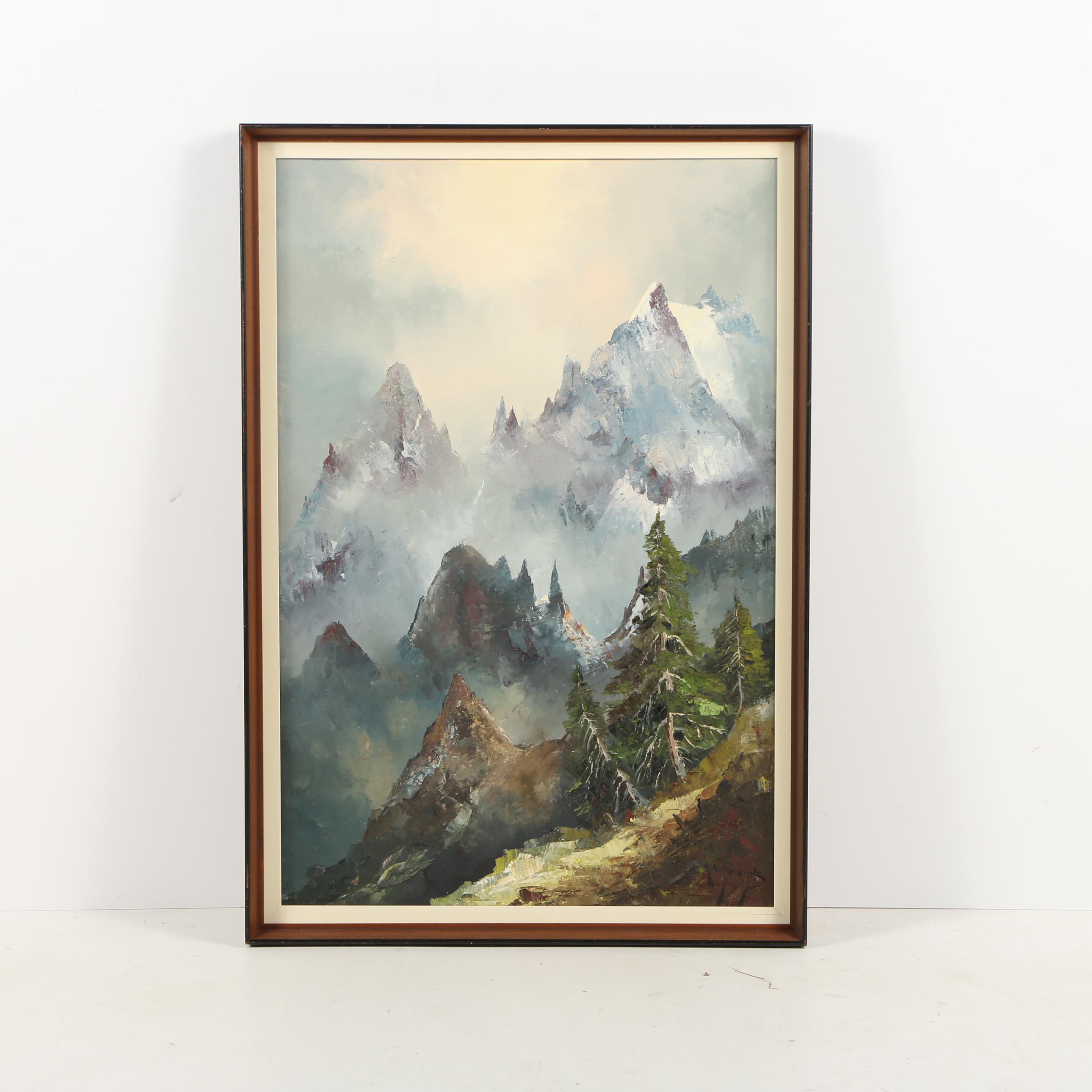K. L. Gentz Oil Painting on Canvas of Alpine Mountain Landscape