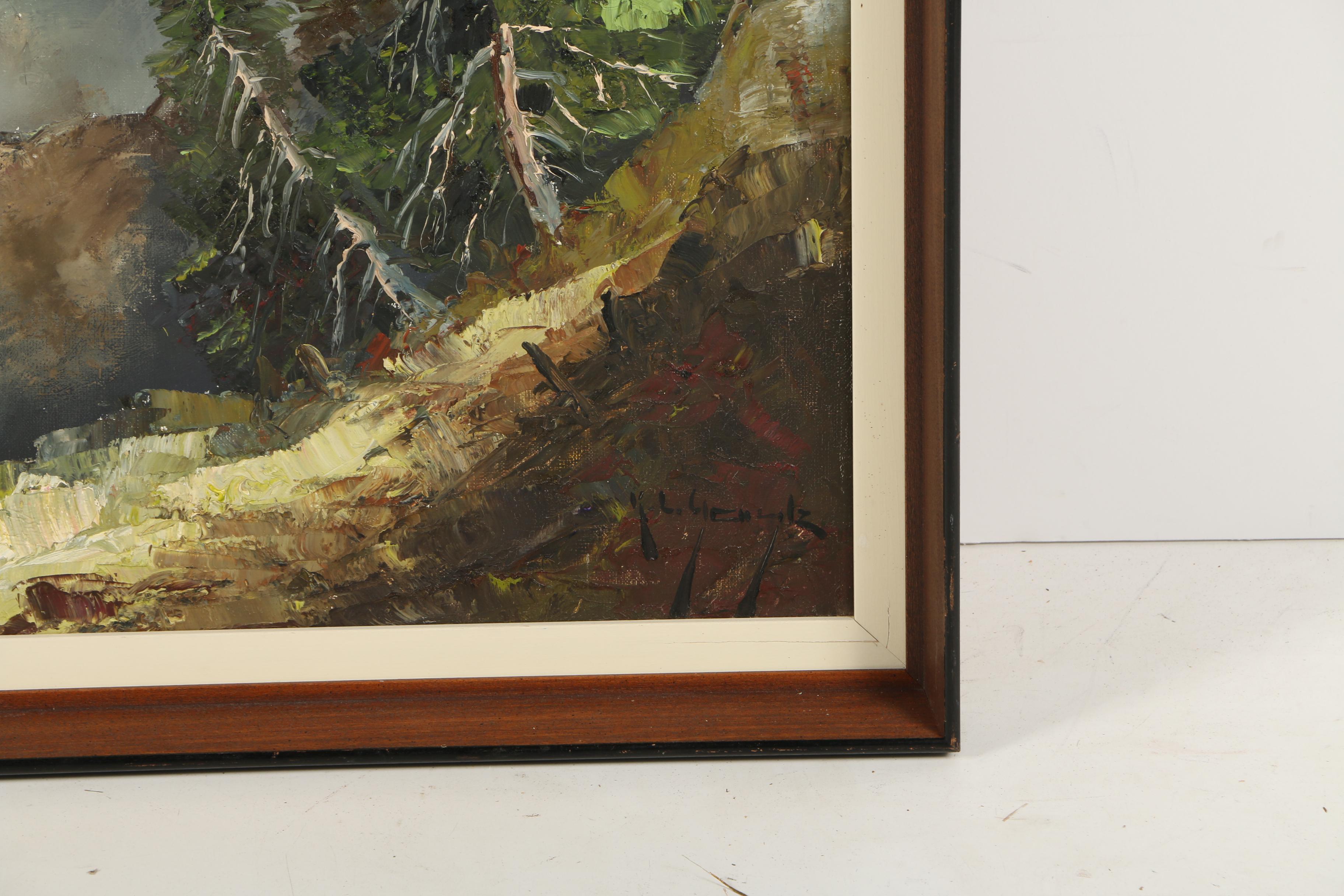 K. L. Gentz Oil Painting on Canvas of Alpine Mountain Landscape