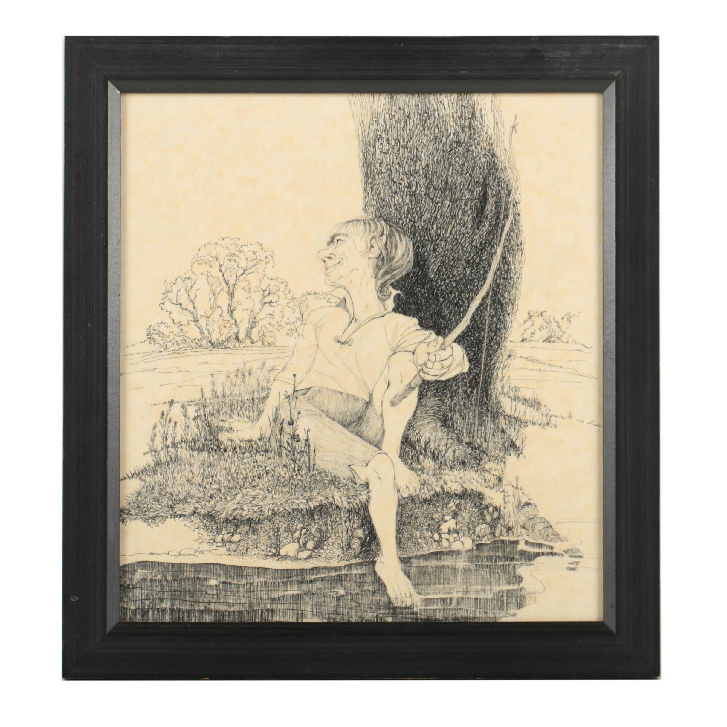 Pete Miller Pen and Ink Drawing of a Man Fishing