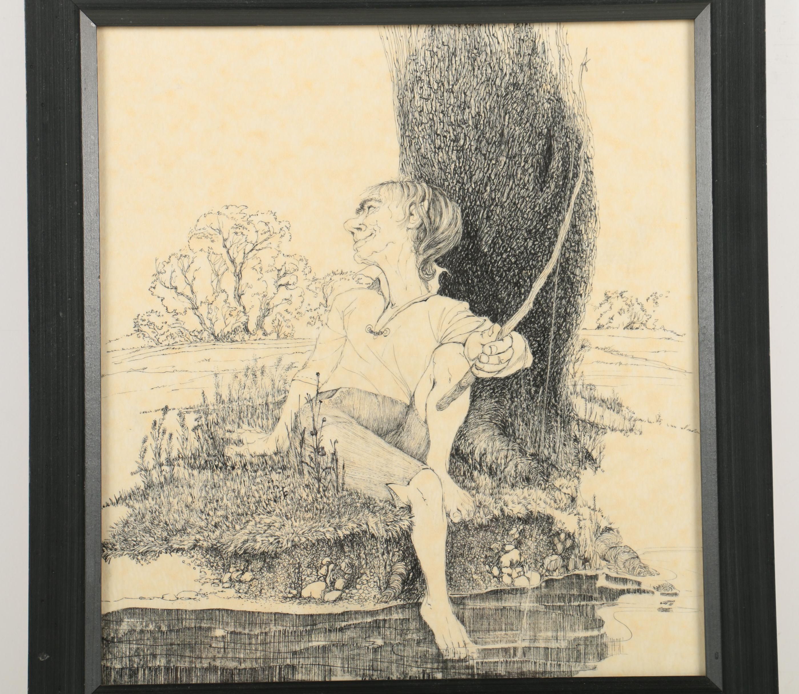 Pete Miller Pen and Ink Drawing of a Man Fishing