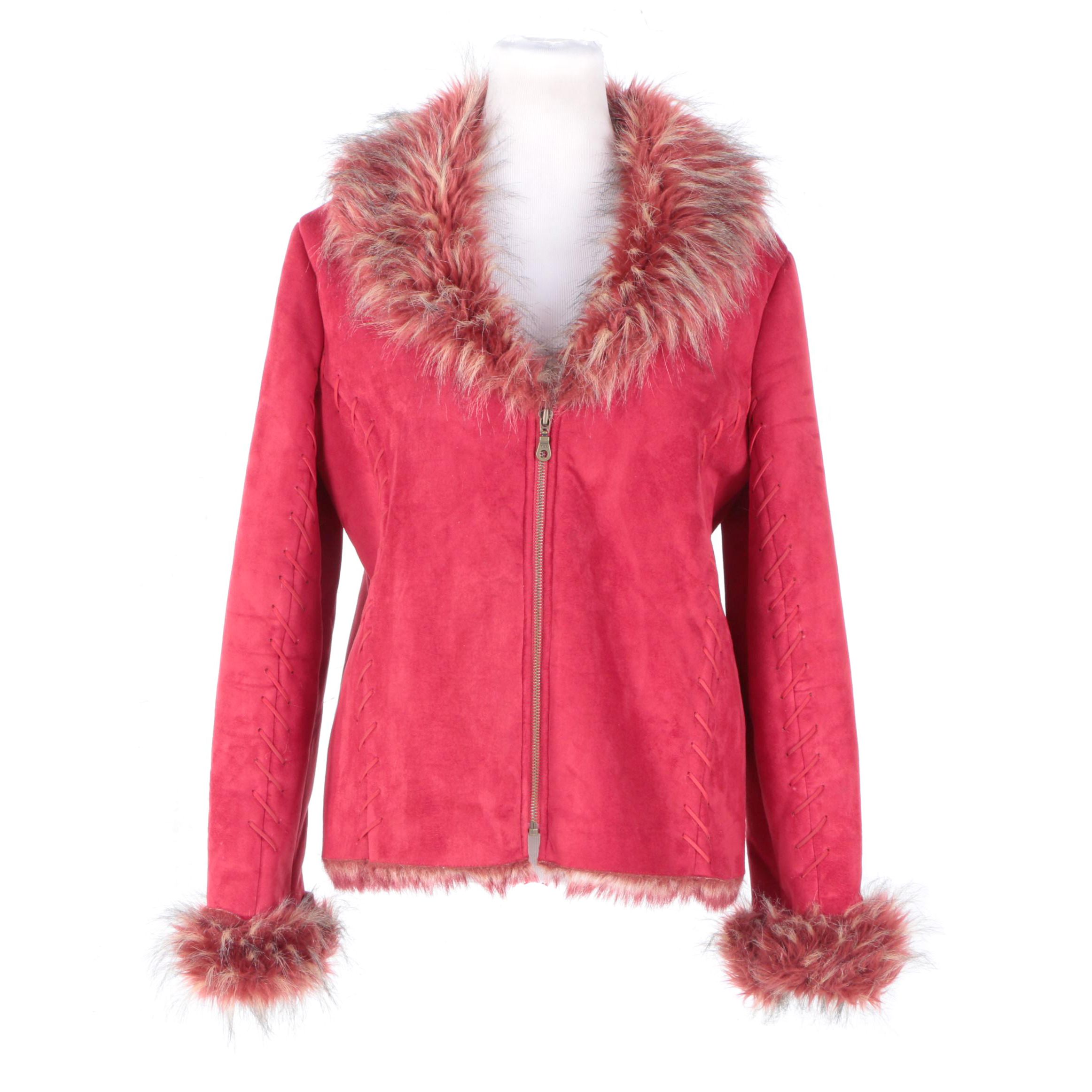 Women's Mechant Red Jacket with Faux Fur Trim