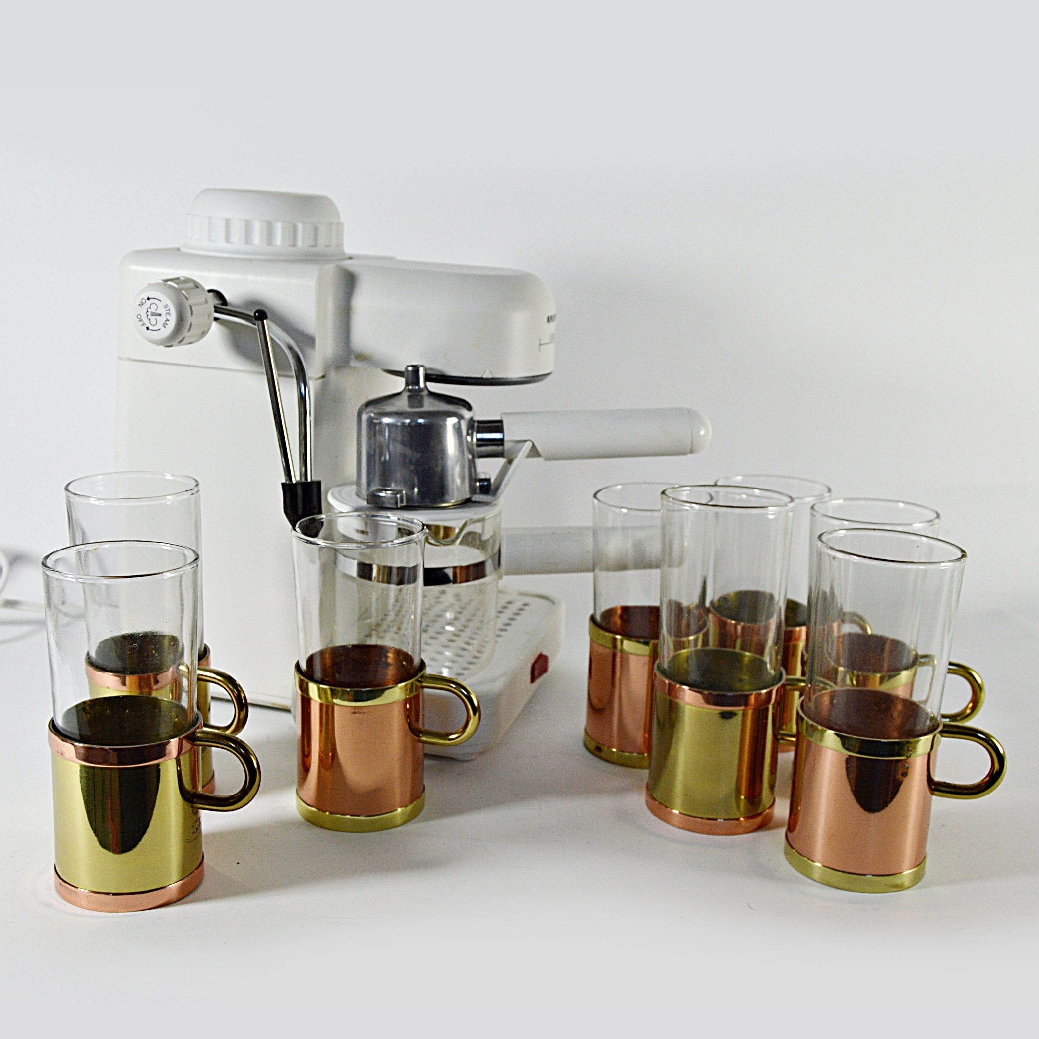 Krups Espresso Mini Machine and Set of Copper and Brass Irish Coffee Glasses