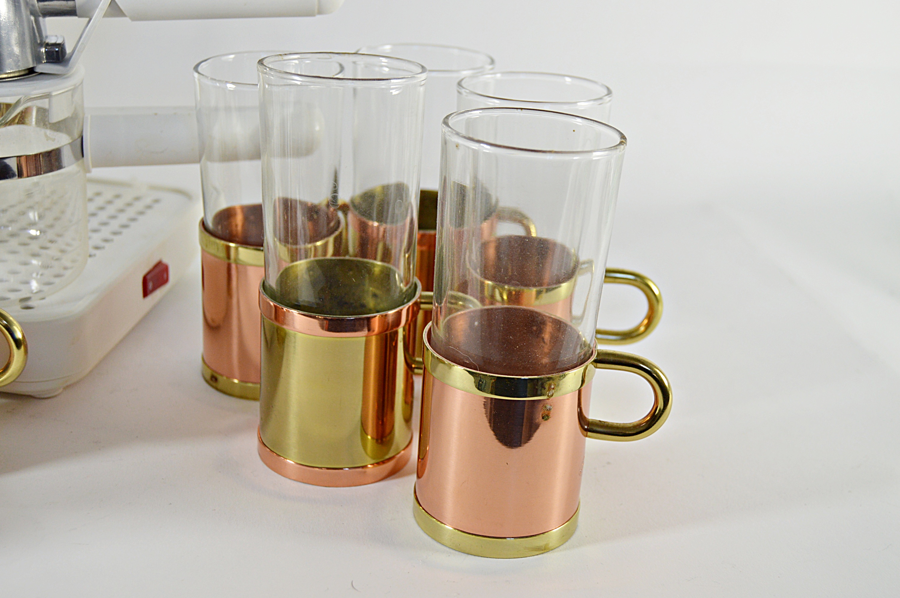 Krups Espresso Mini Machine and Set of Copper and Brass Irish Coffee Glasses