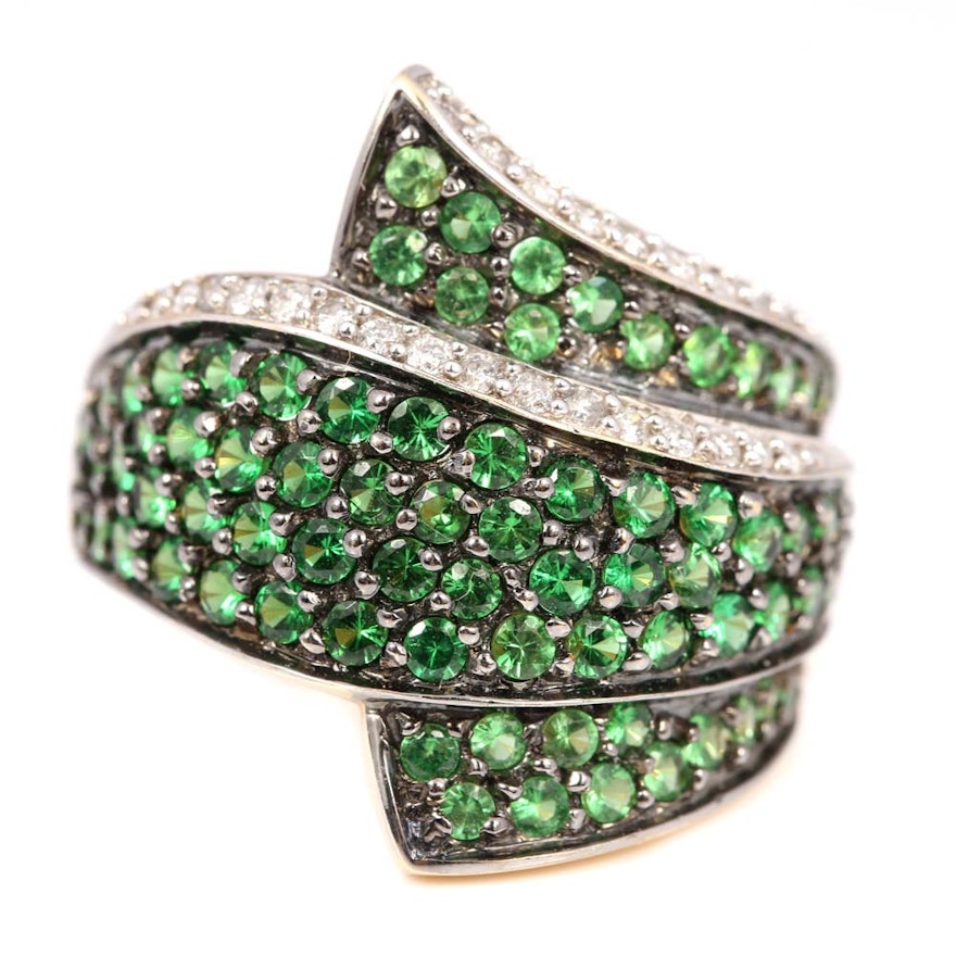 14K White Gold, Tsavorite Garnet and Diamond Cocktail Ring