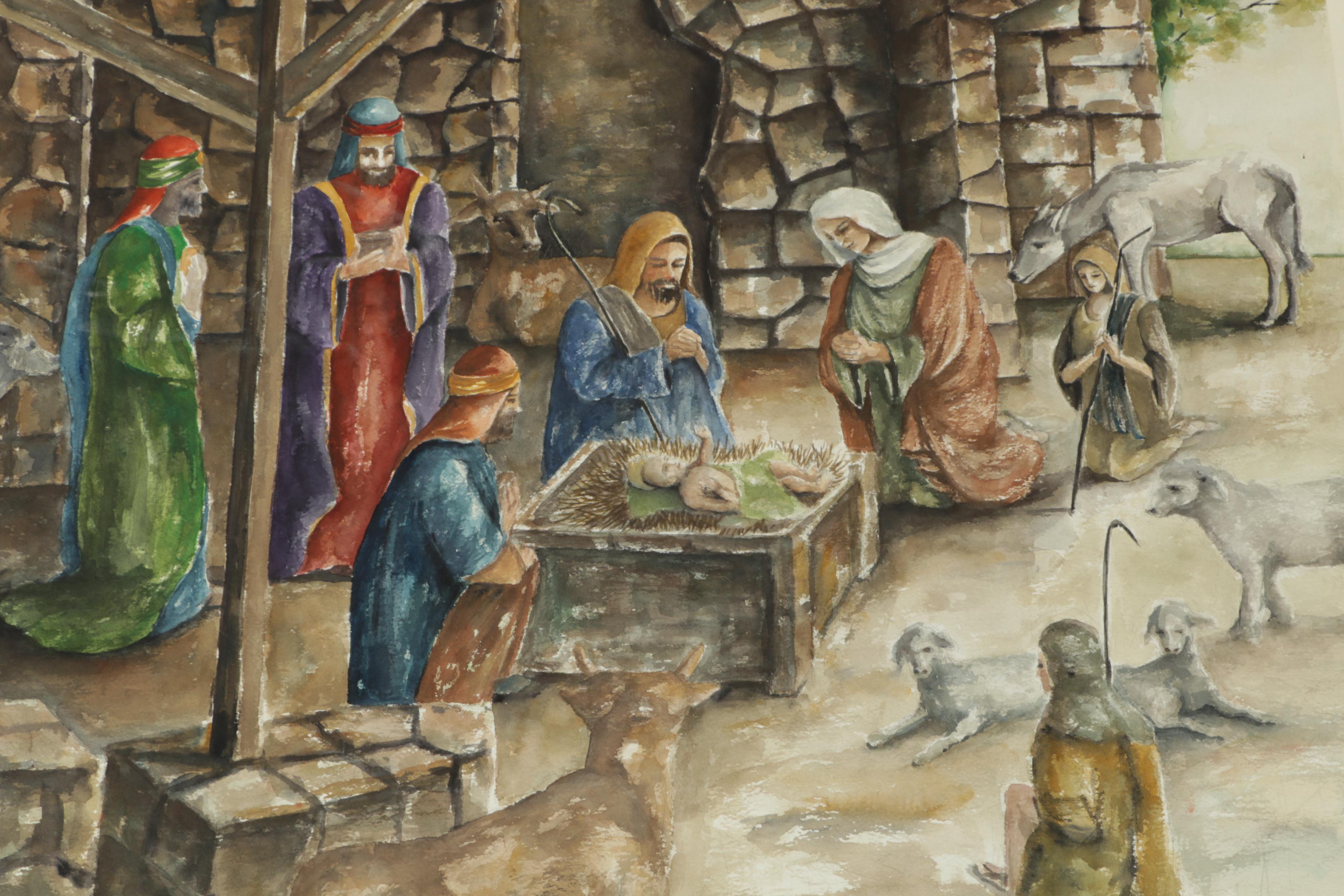 Elacion Watercolor Painting on Paper of Nativity Scene