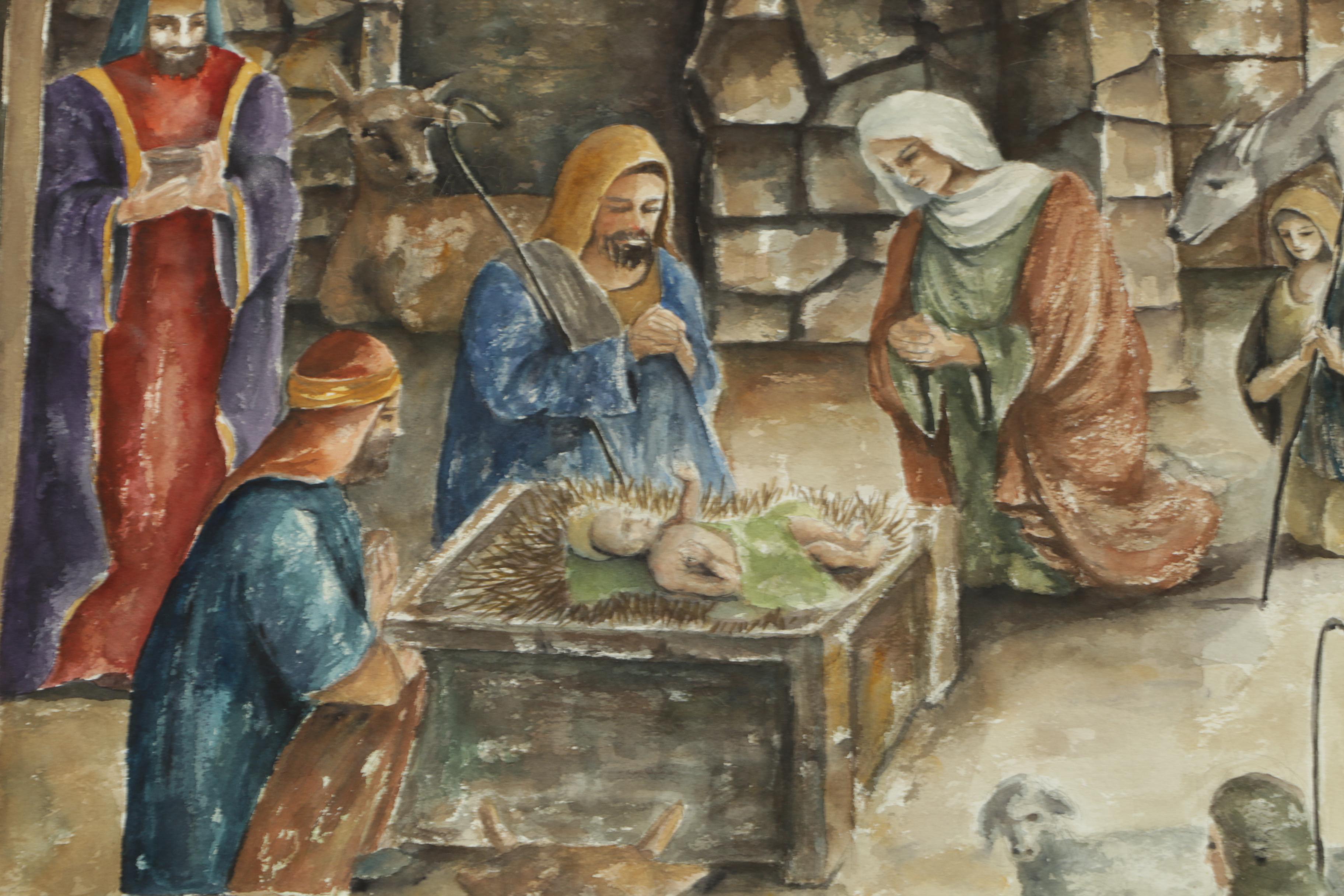 Elacion Watercolor Painting on Paper of Nativity Scene