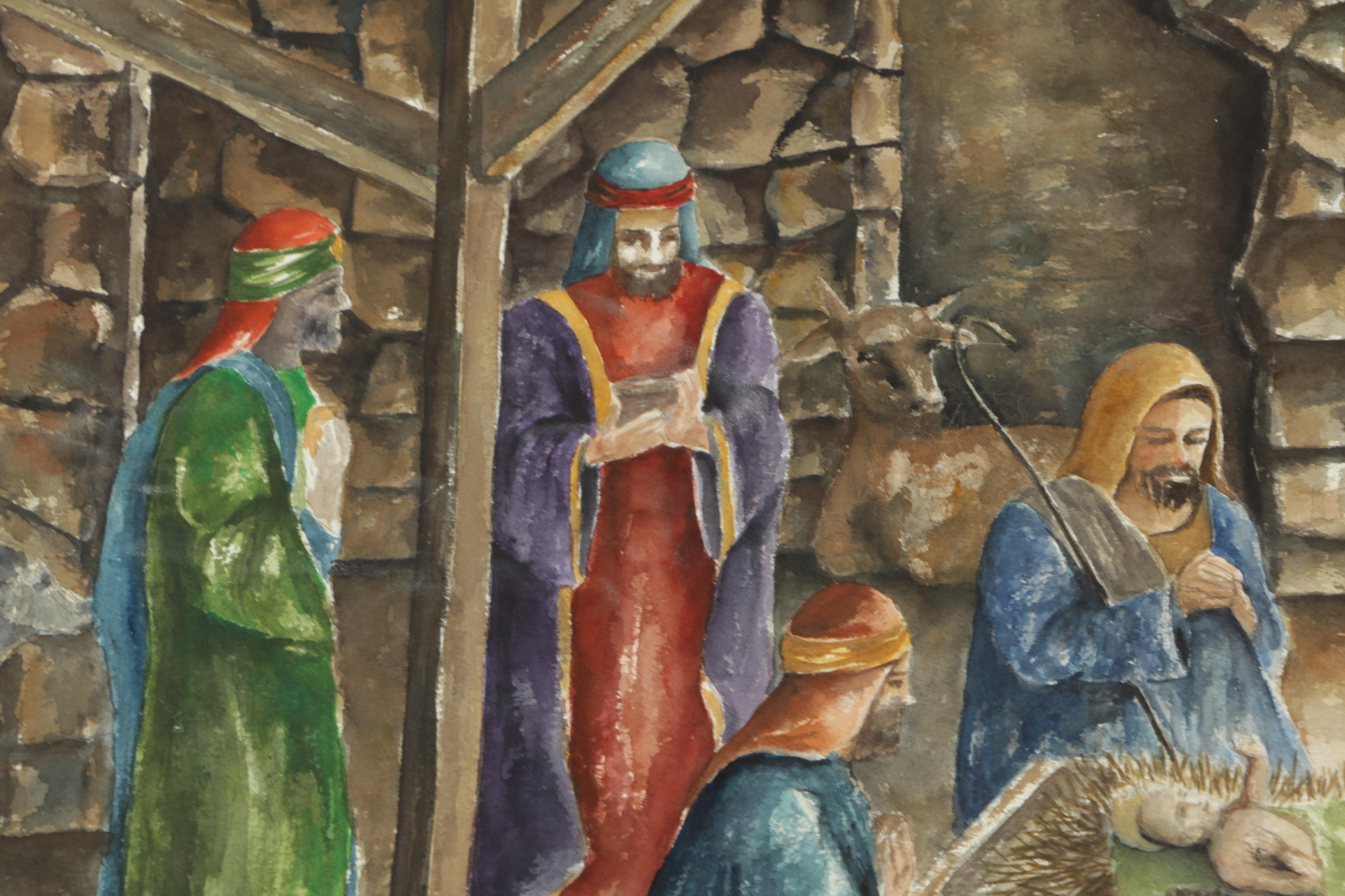 Elacion Watercolor Painting on Paper of Nativity Scene