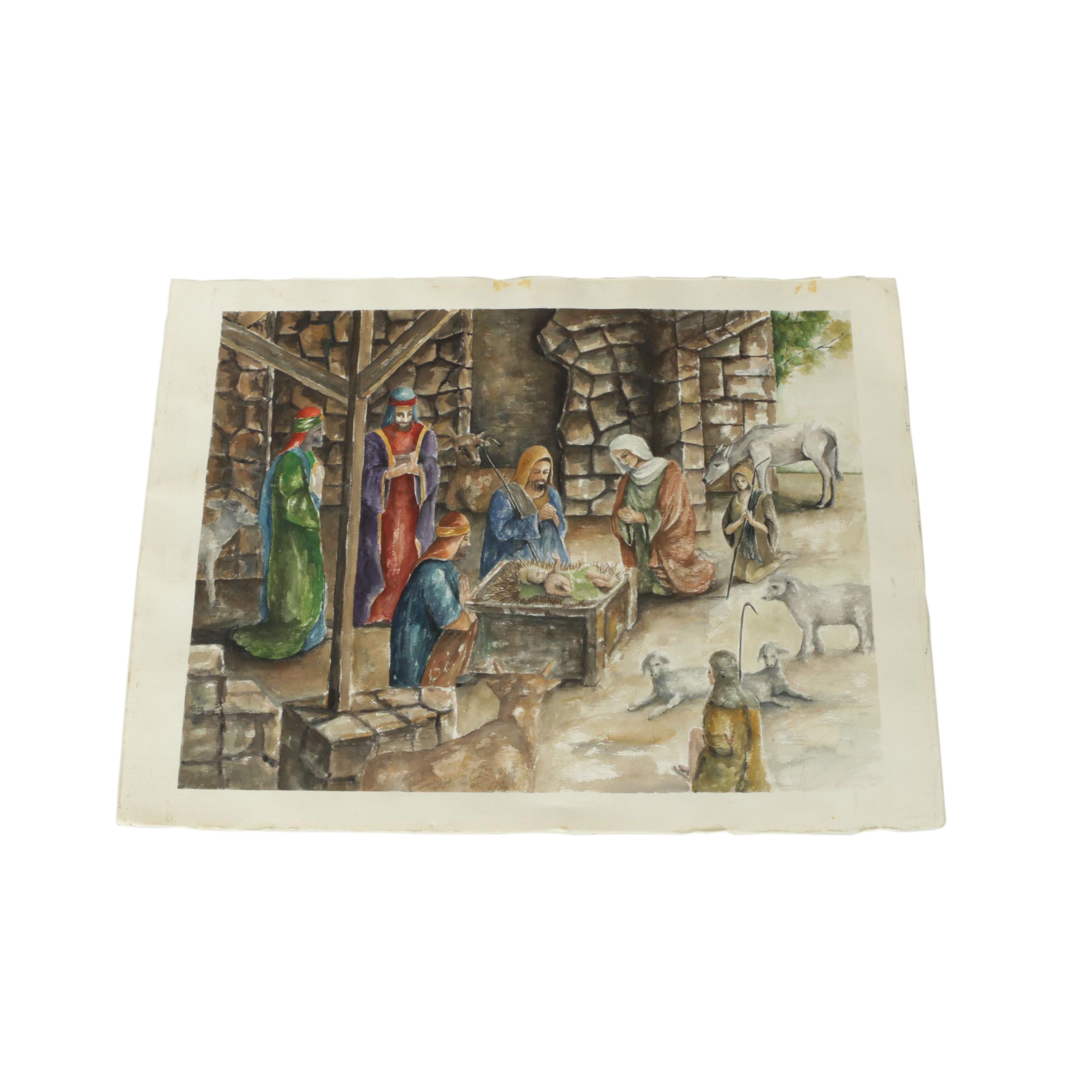 Elacion Watercolor Painting on Paper of Nativity Scene