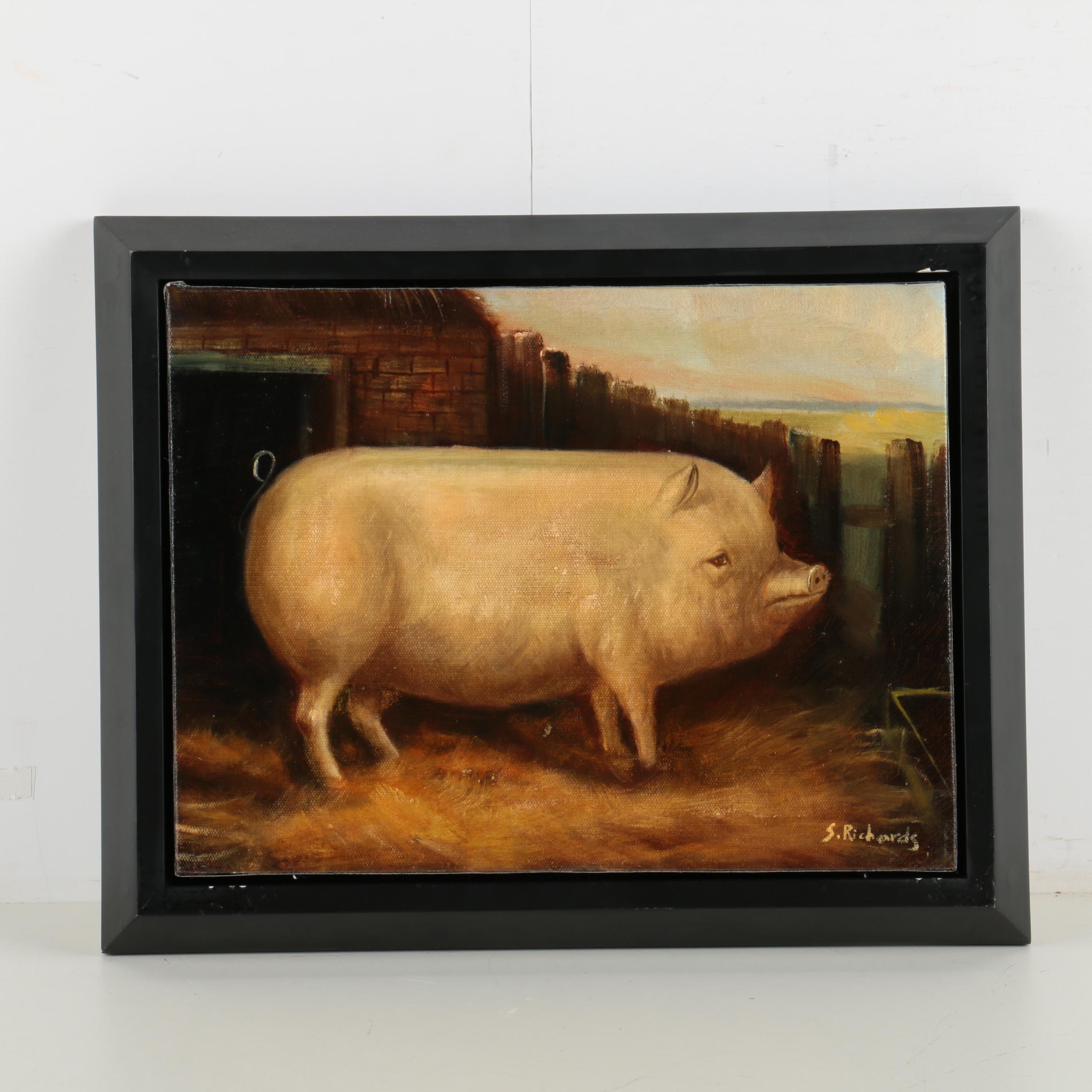 S. Richards Oil Painting of a Pig