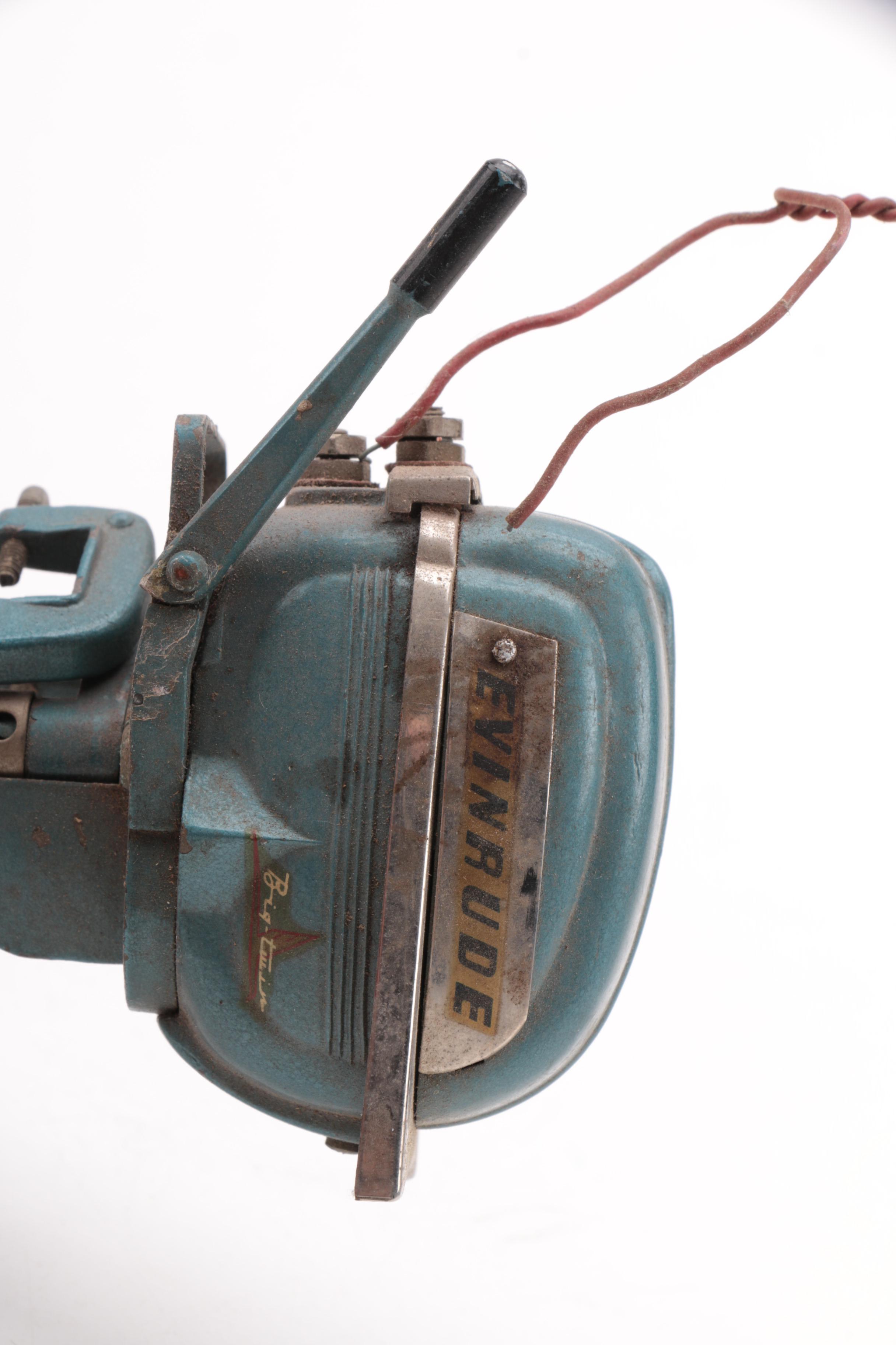 Windup Toy Boat and Vintage Miniature Evinrude Big Twin Outboard Motor