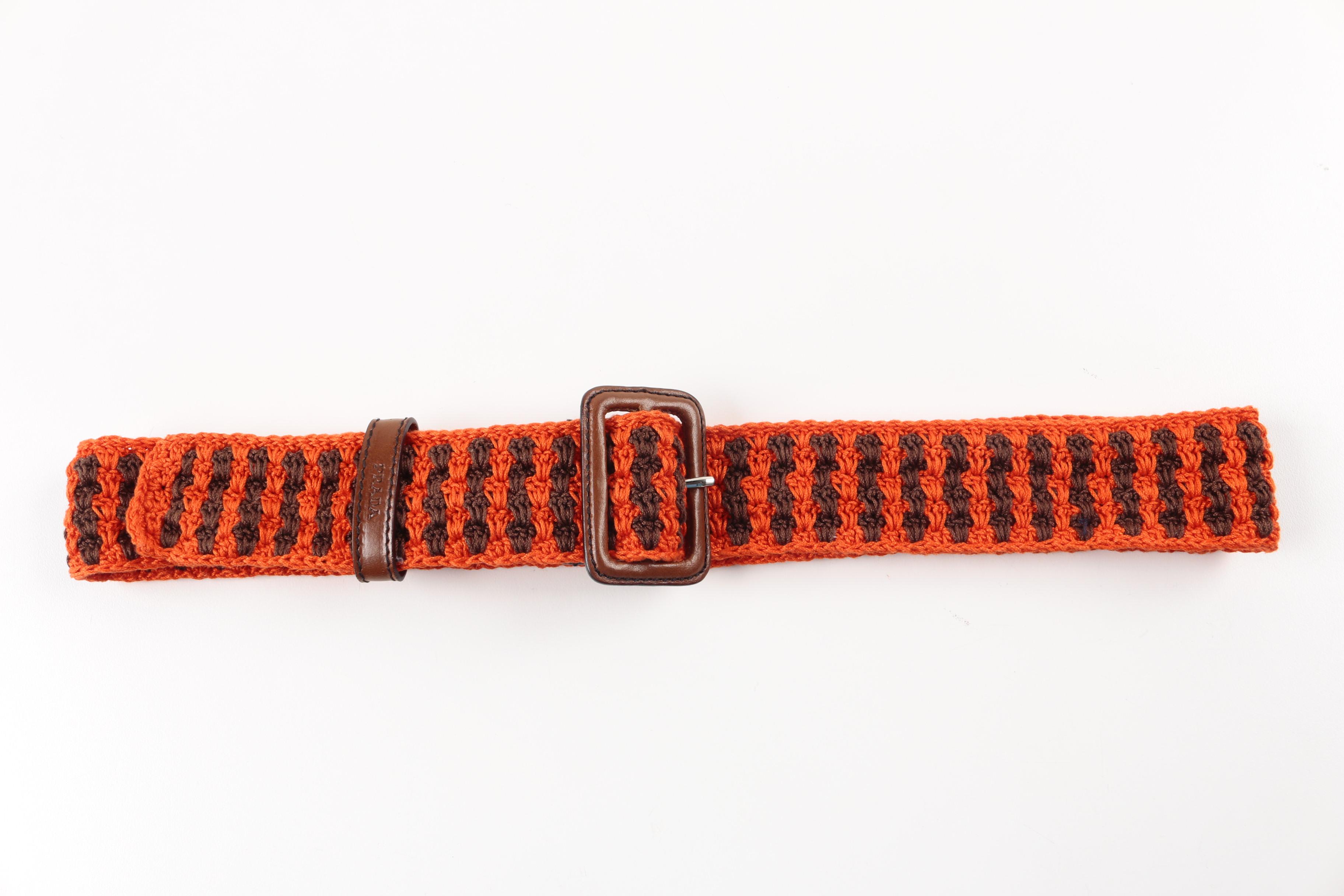 Prada Striped Crochet Belt with Leather Buckle