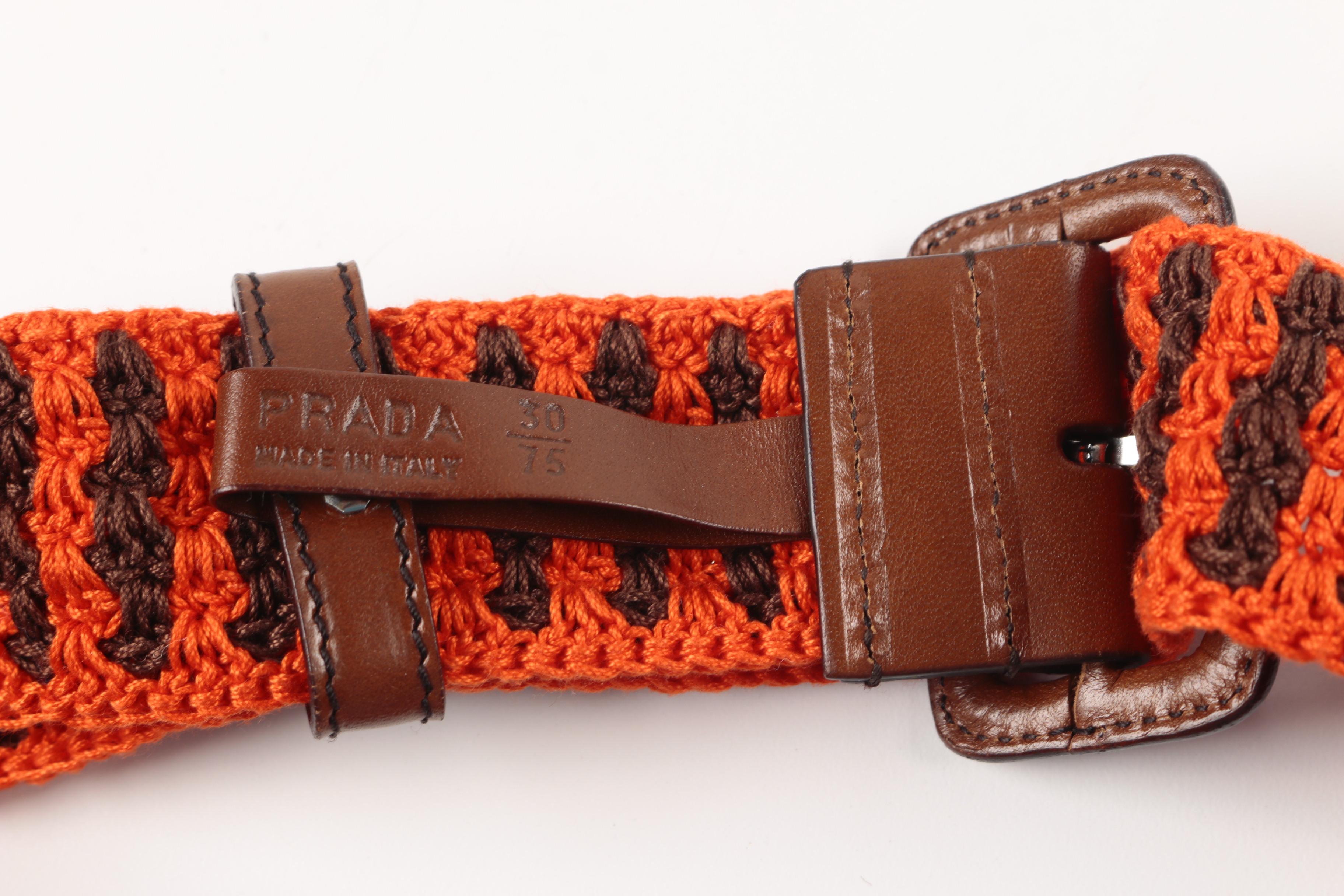 Prada Striped Crochet Belt with Leather Buckle