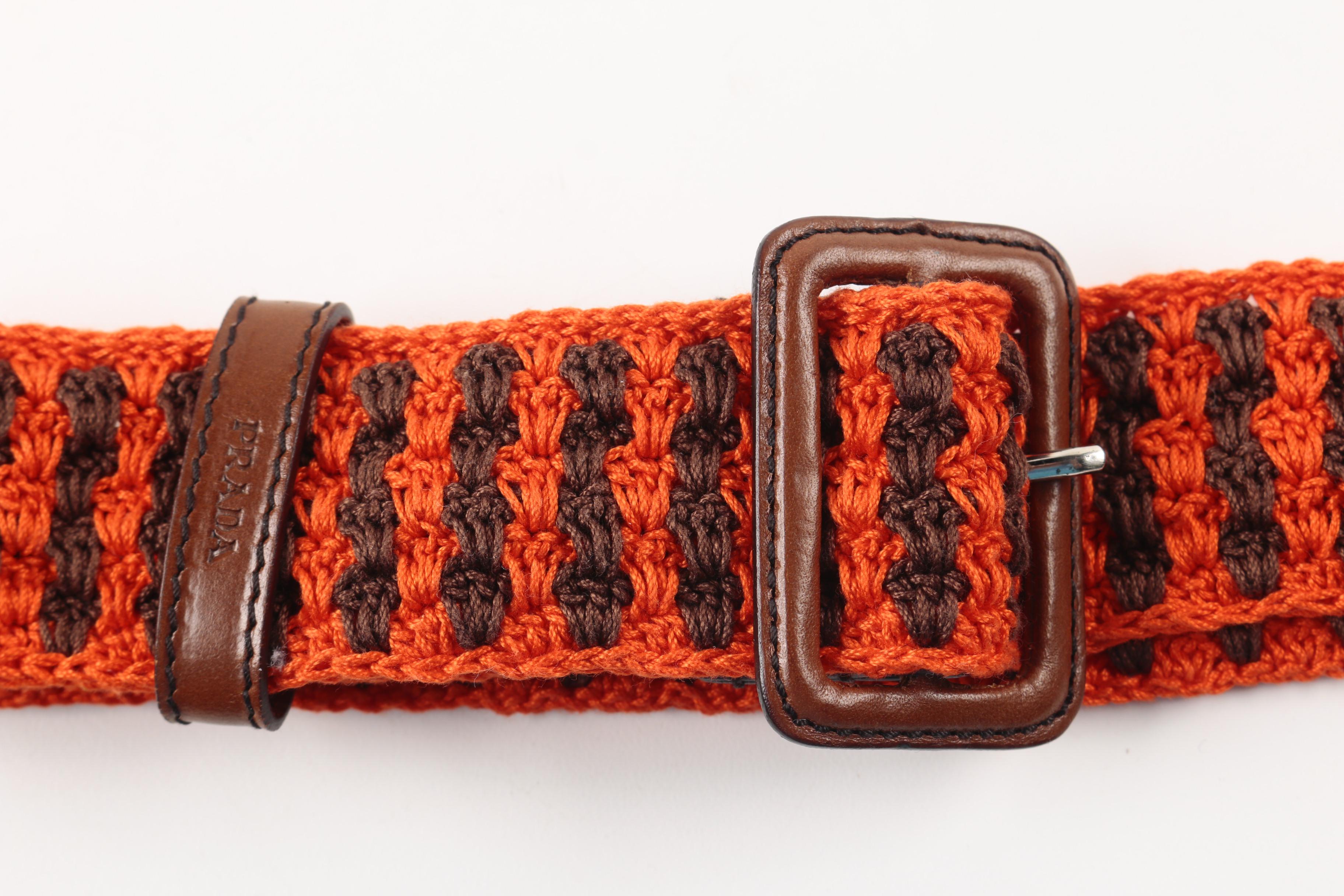 Prada Striped Crochet Belt with Leather Buckle