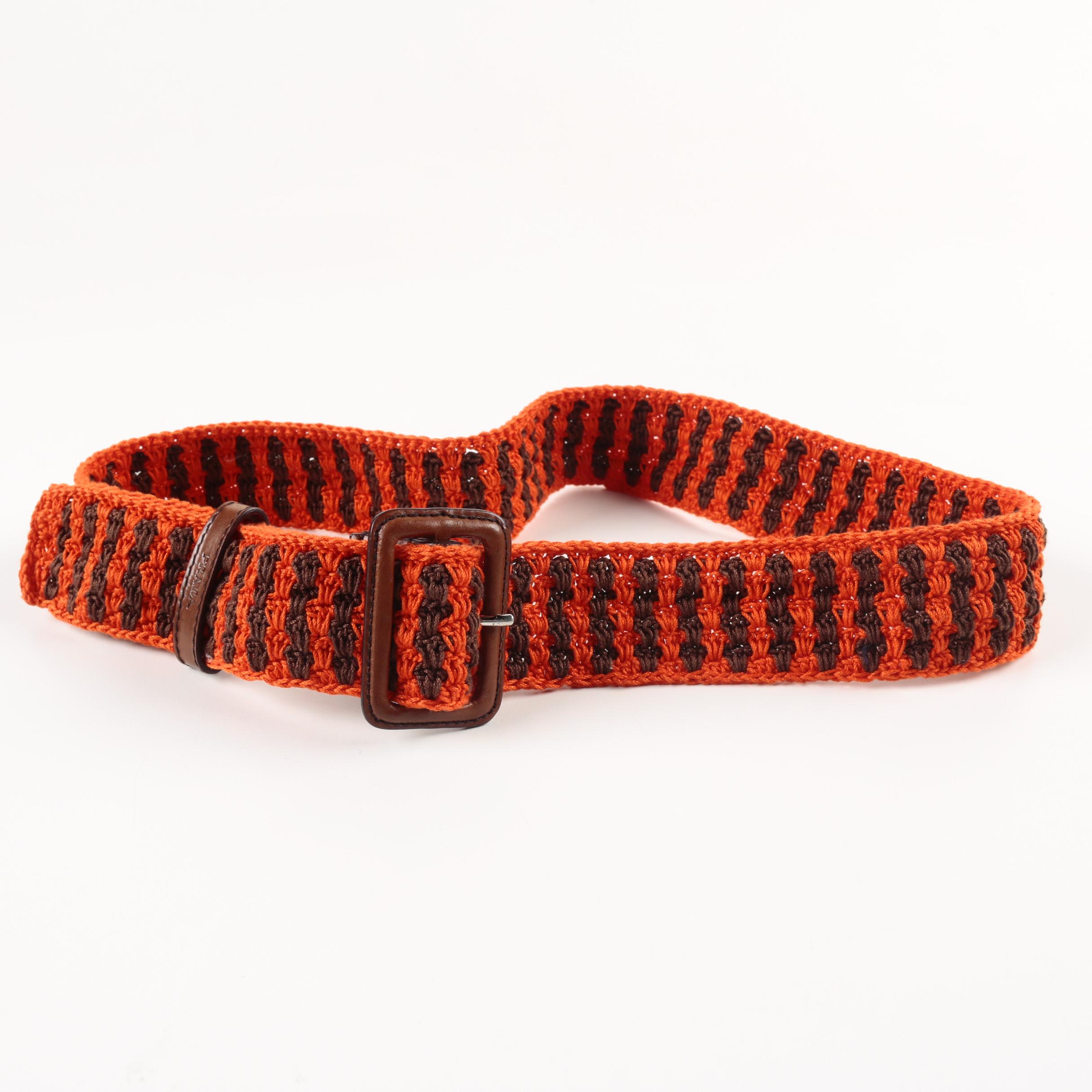 Prada Striped Crochet Belt with Leather Buckle