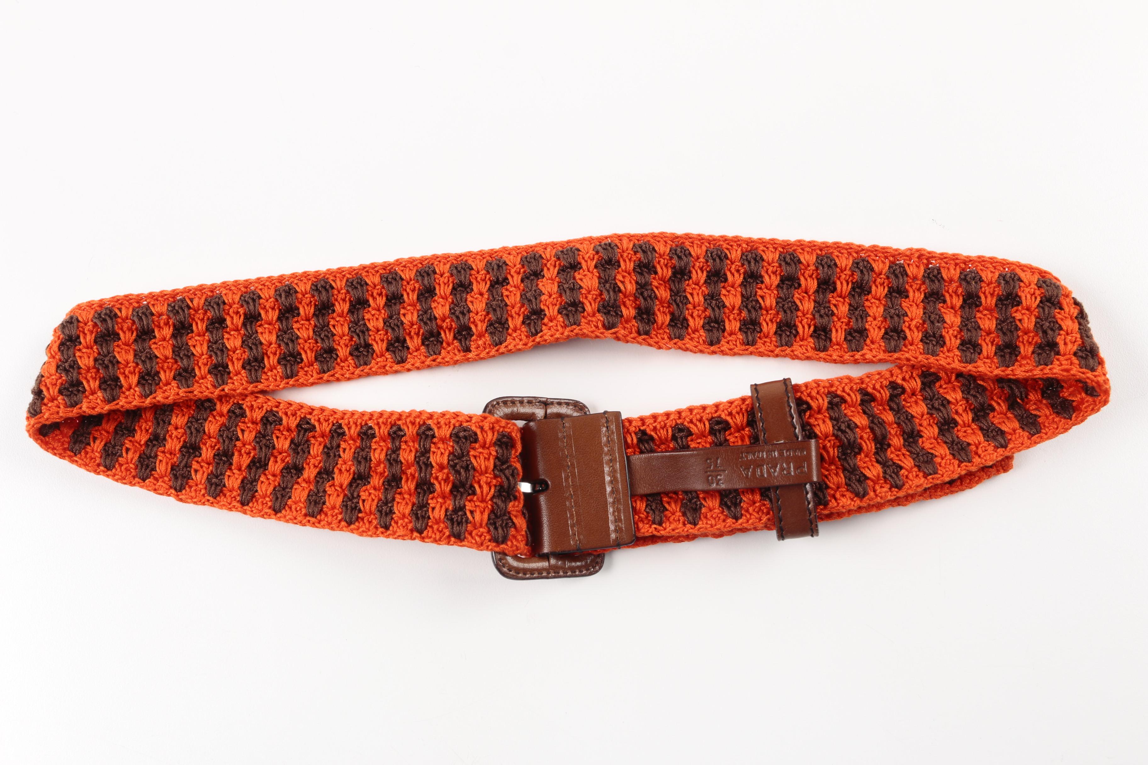 Prada Striped Crochet Belt with Leather Buckle