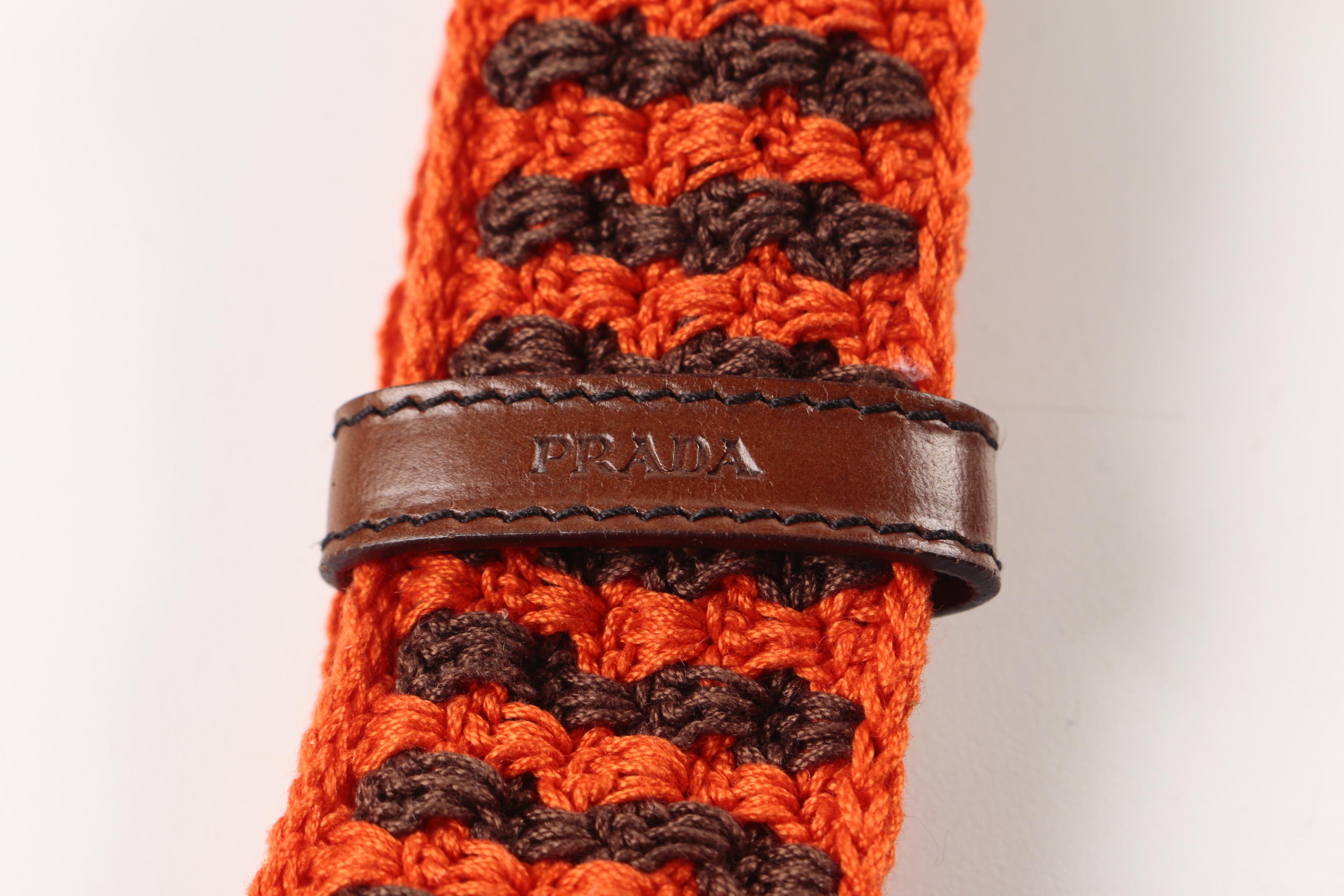 Prada Striped Crochet Belt with Leather Buckle