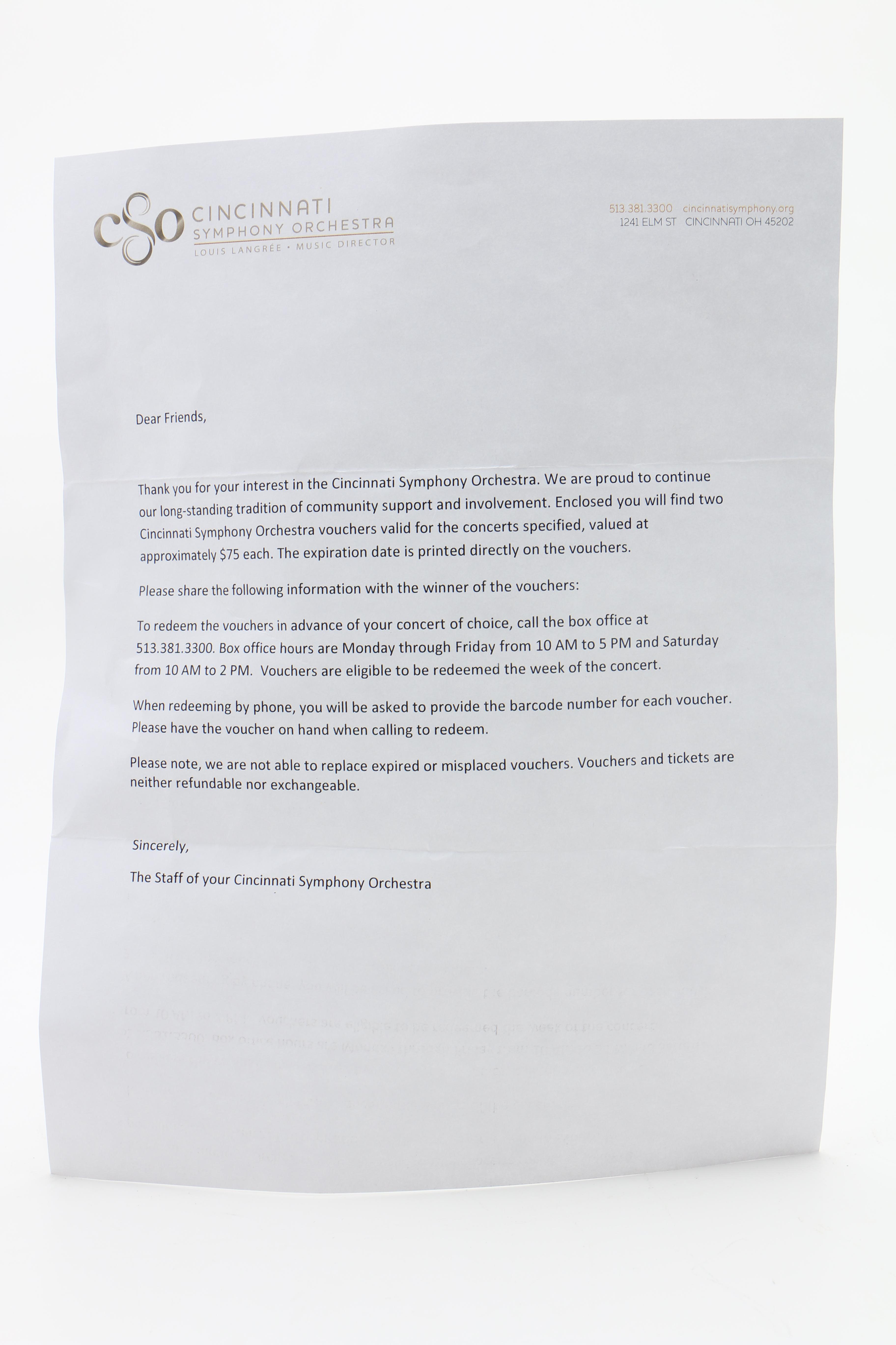 Two Cincinnati Symphony Orchestra Vouchers for Upcoming 2017-2018 Concert