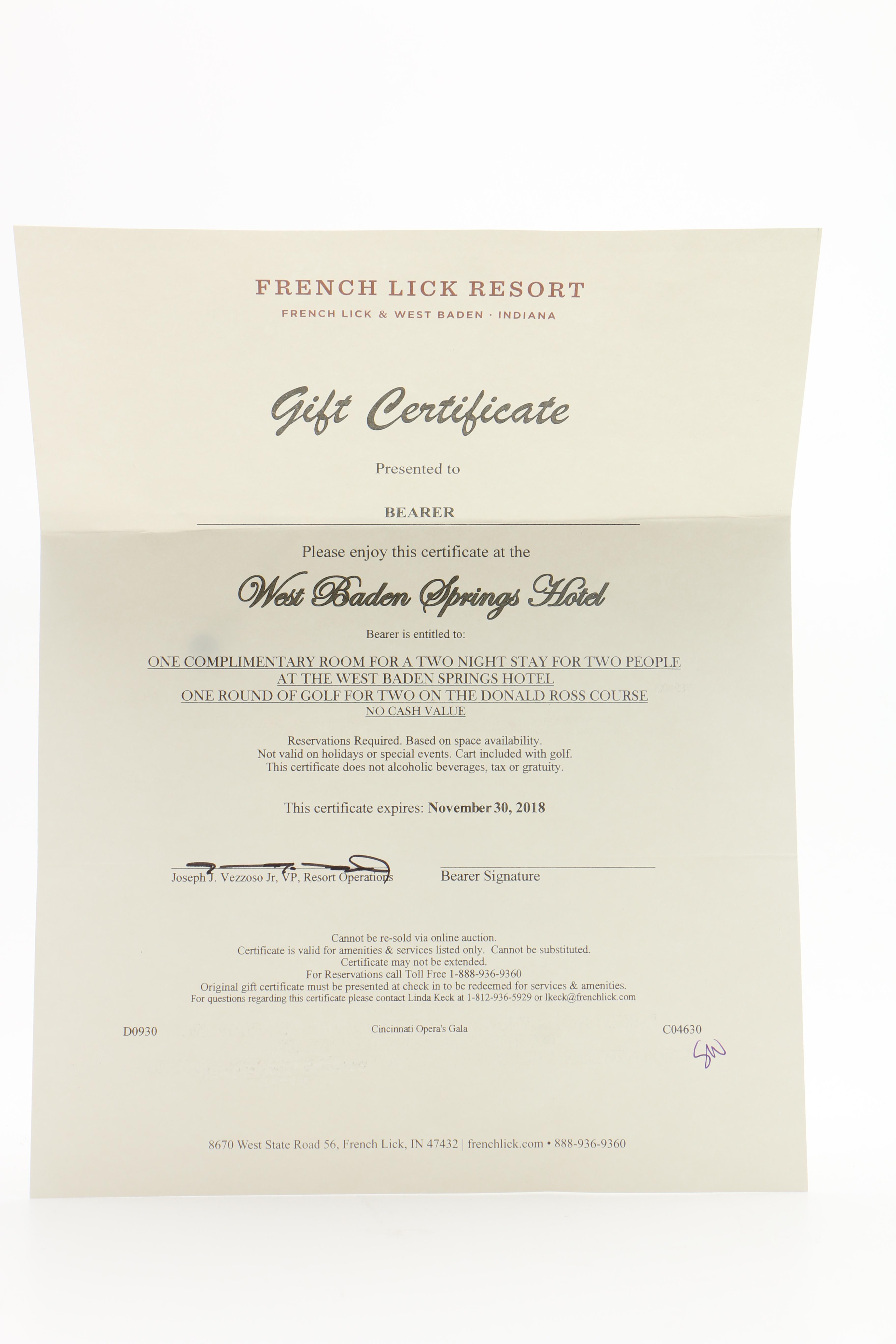 West Baden Springs Hotel Gift Certificate