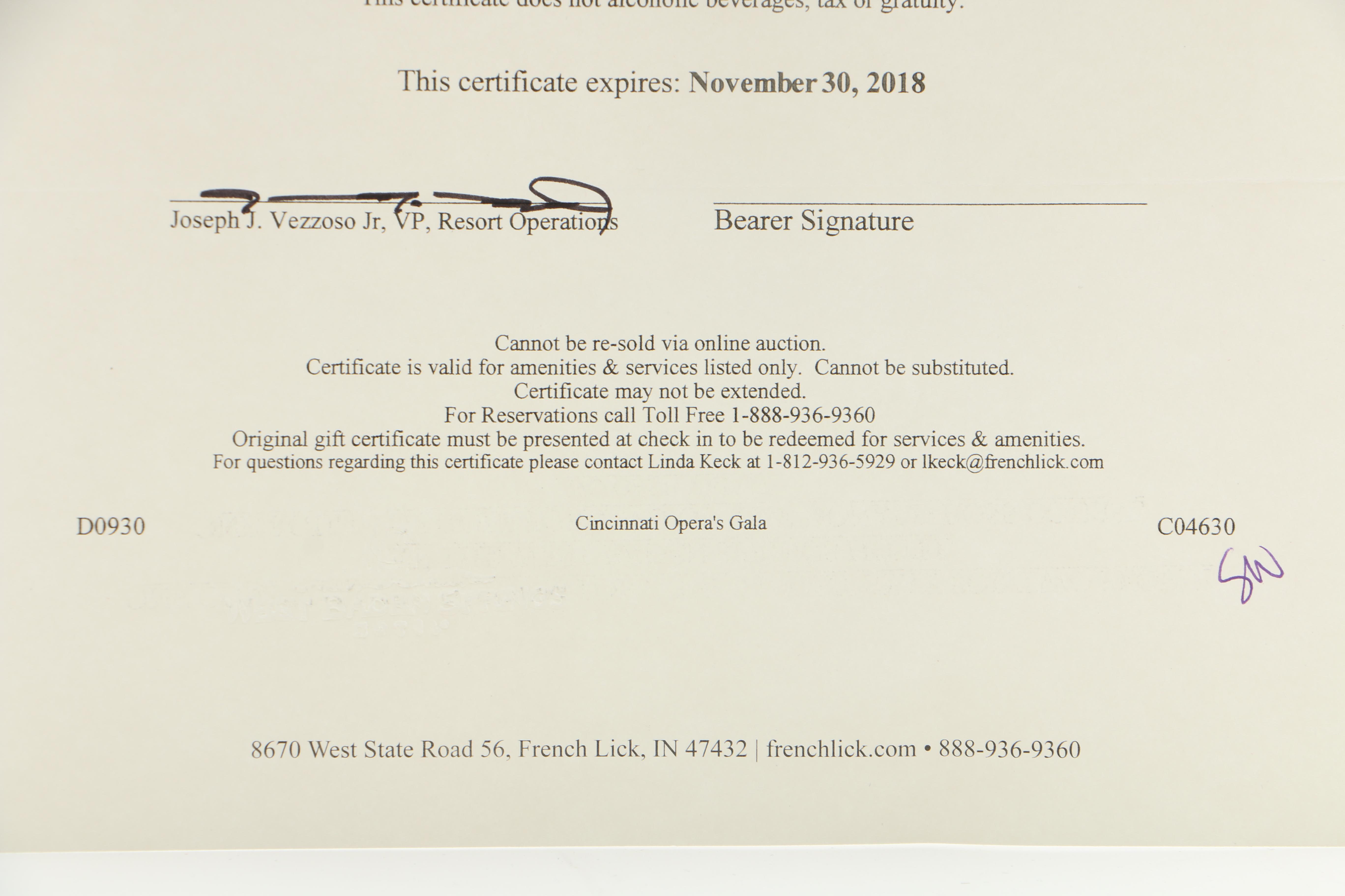 West Baden Springs Hotel Gift Certificate