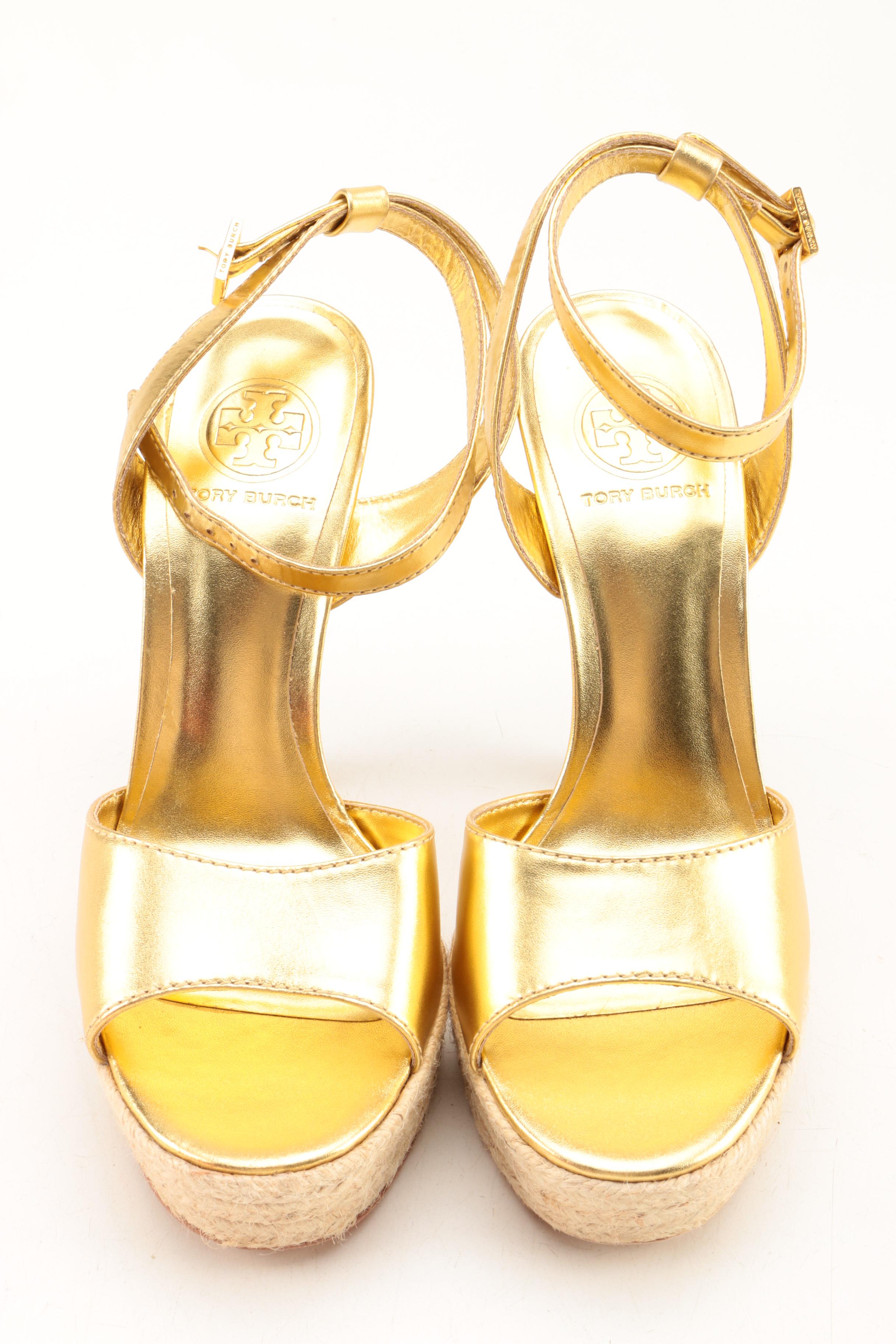 Tory Burch Bradshaw Gold Metallic Espadrille Platform Heels