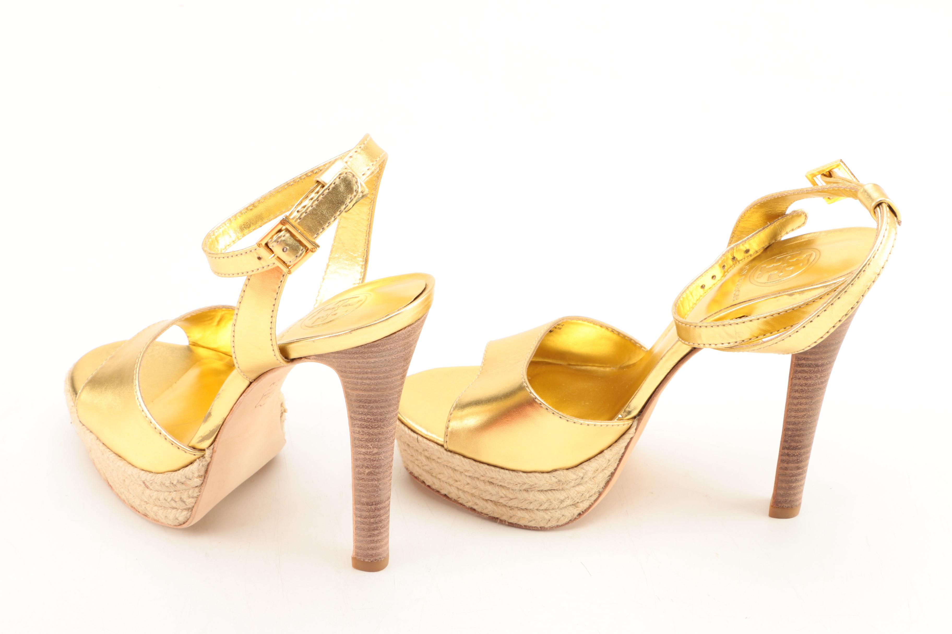 Tory Burch Bradshaw Gold Metallic Espadrille Platform Heels