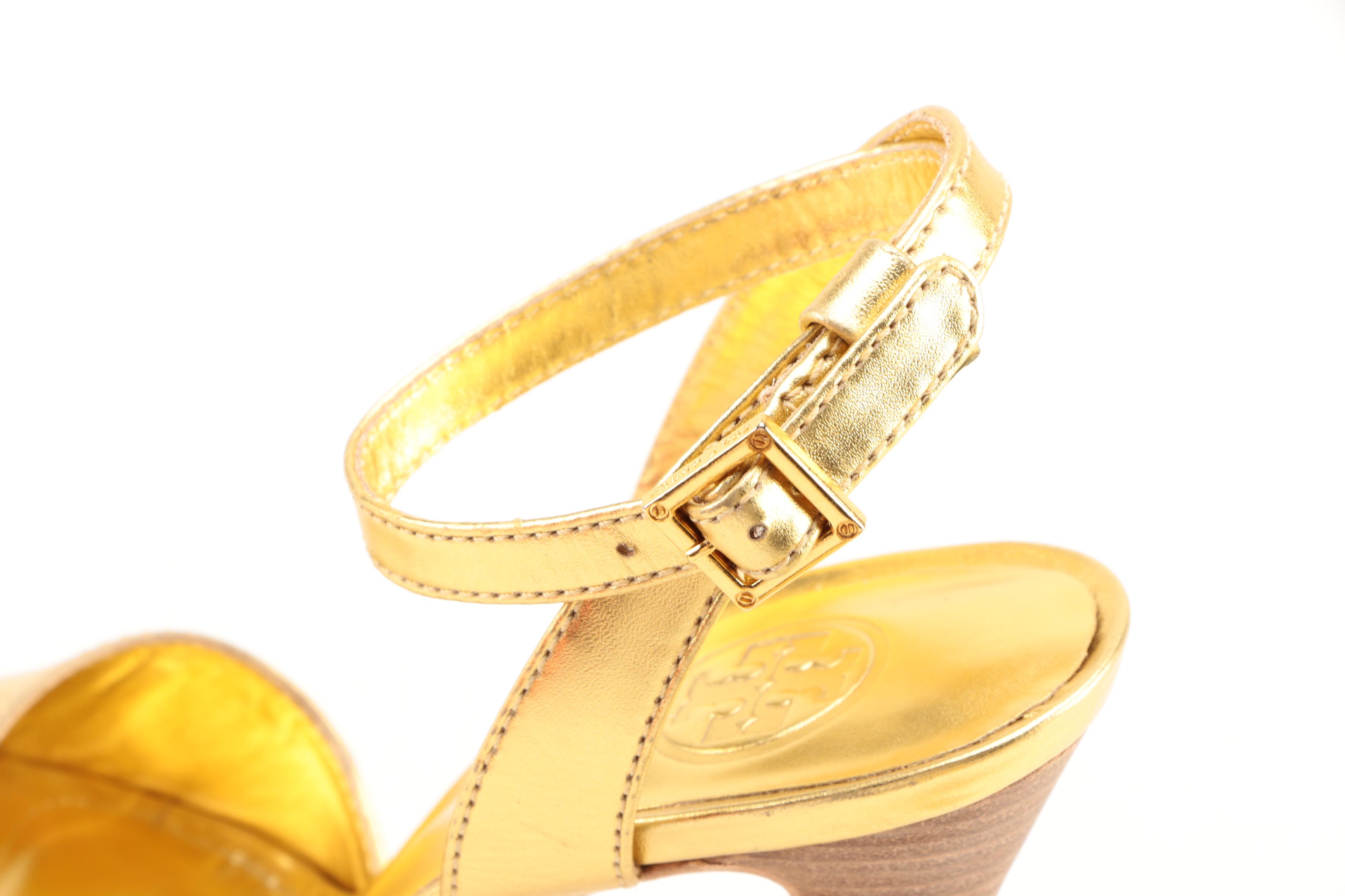 Tory Burch Bradshaw Gold Metallic Espadrille Platform Heels