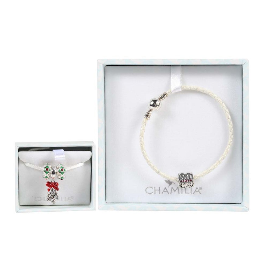 Chamilia Sterling Silver and Leather Charm Bracelet and Charms