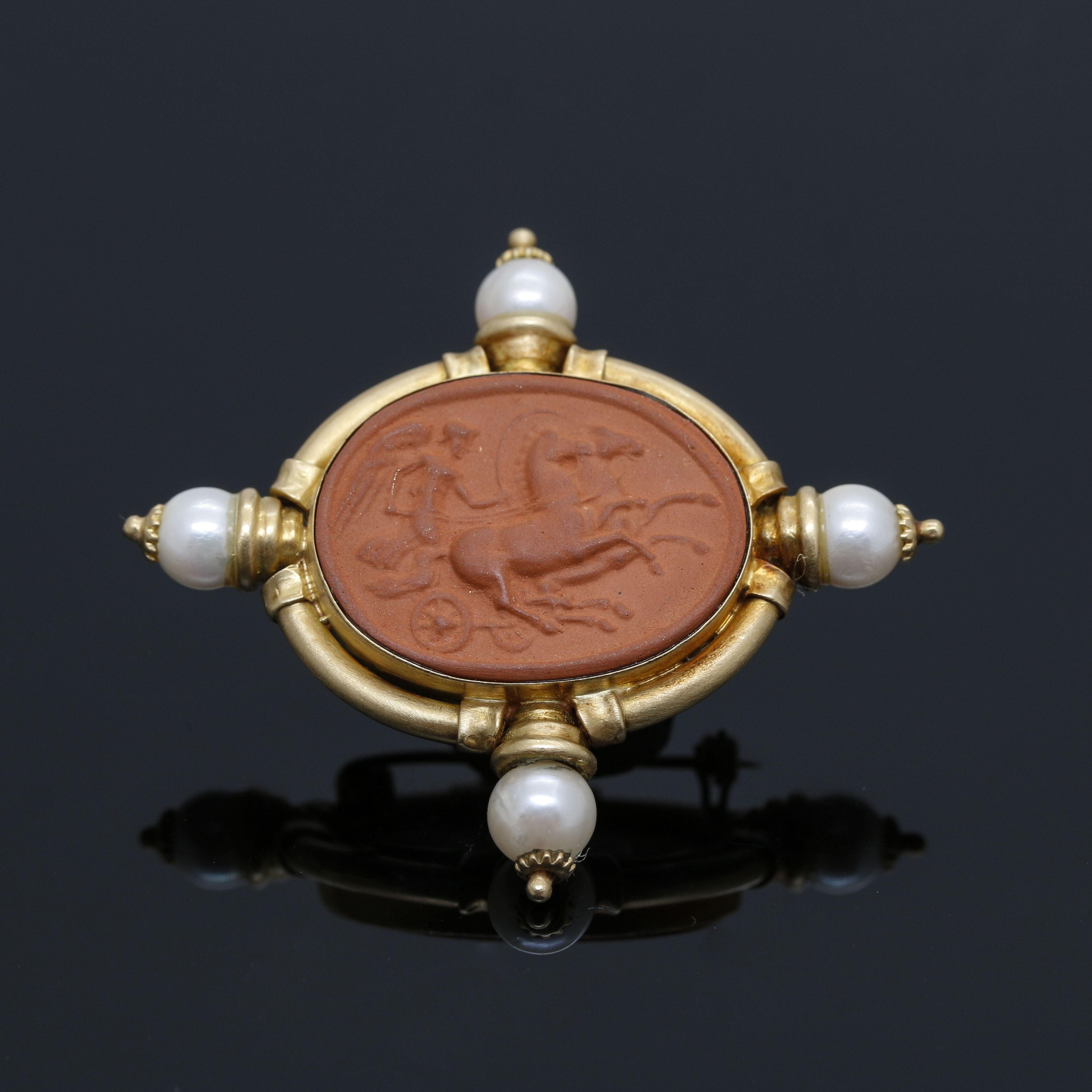 18K Yellow Gold Terra Cotta Cameo and Pearl Brooch