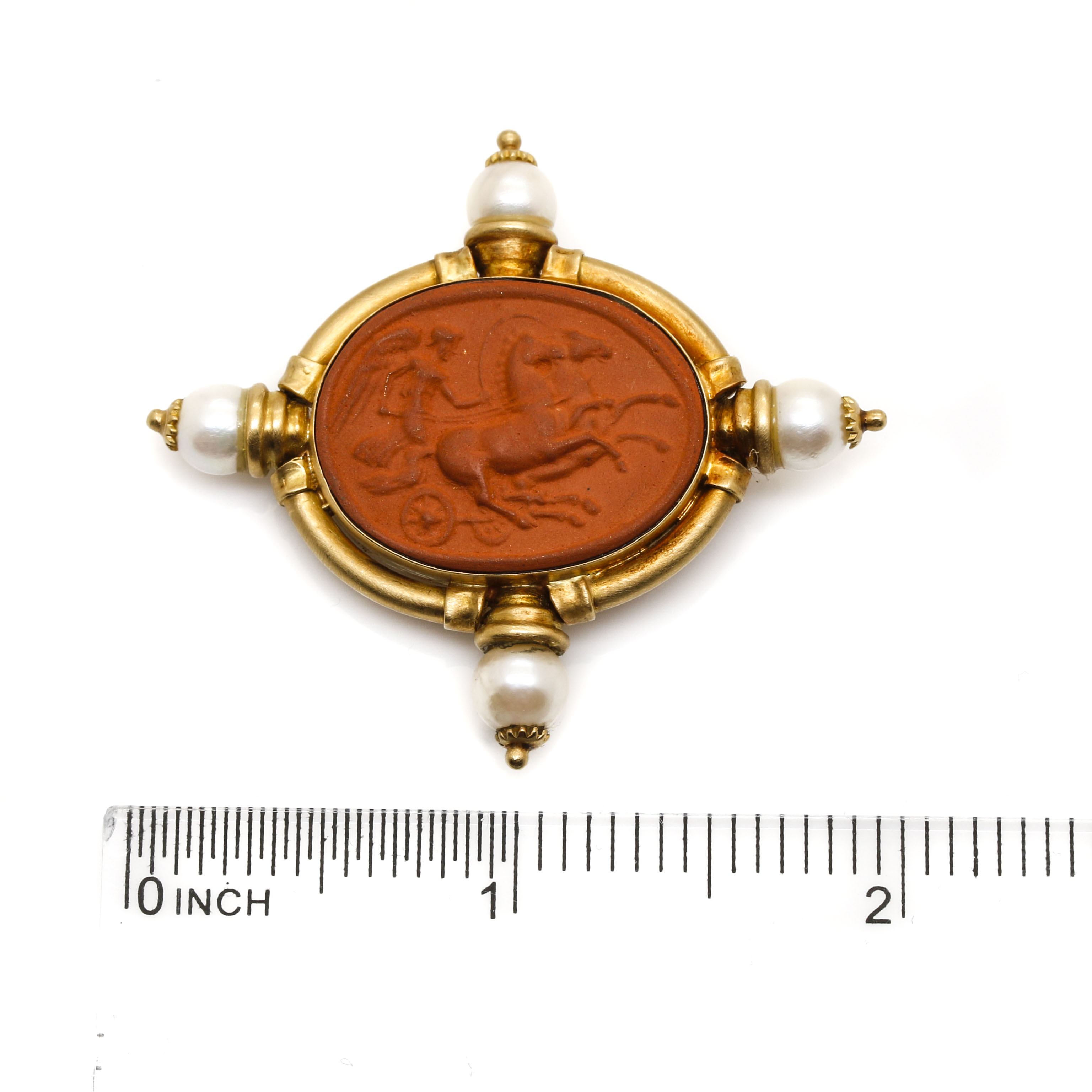 18K Yellow Gold Terra Cotta Cameo and Pearl Brooch