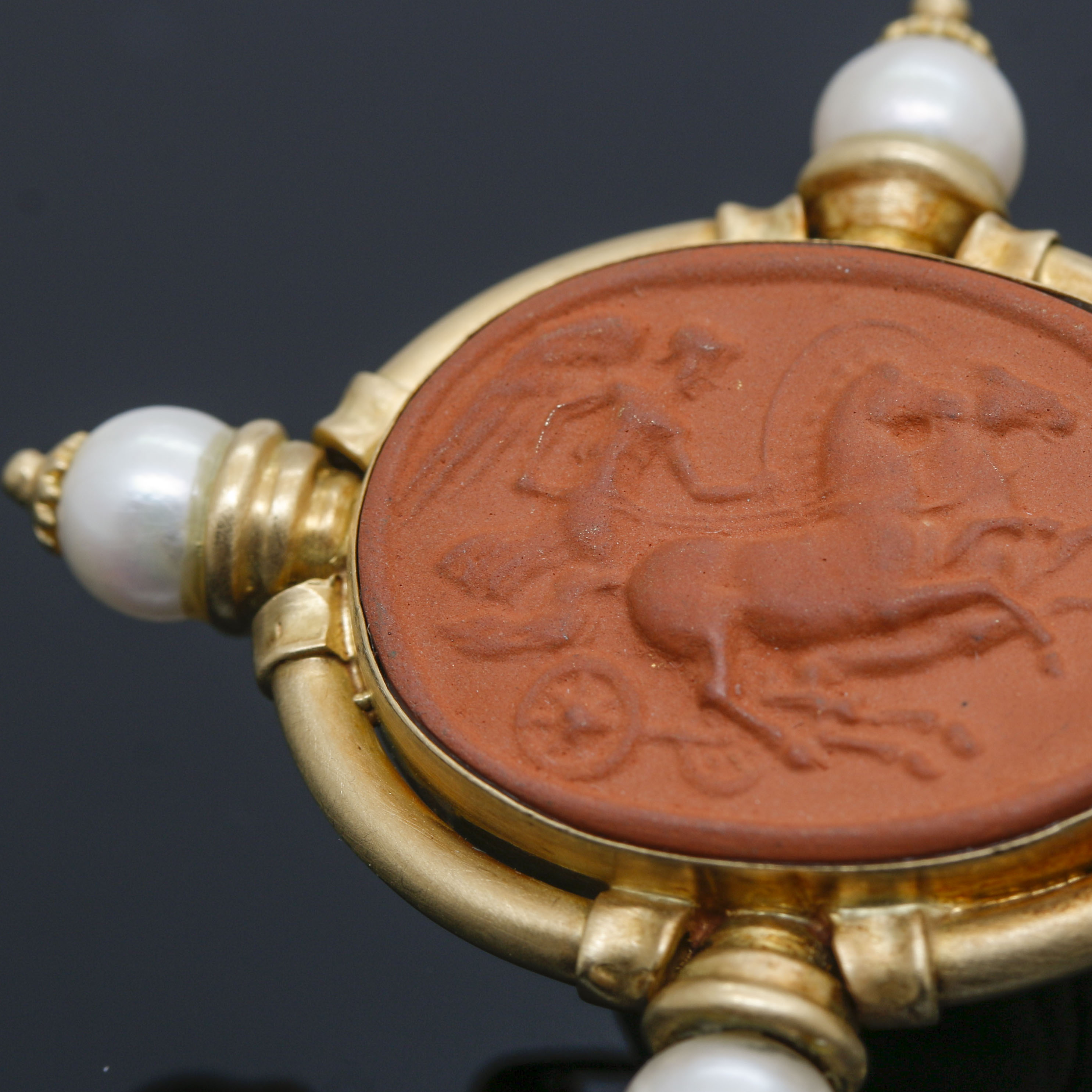 18K Yellow Gold Terra Cotta Cameo and Pearl Brooch