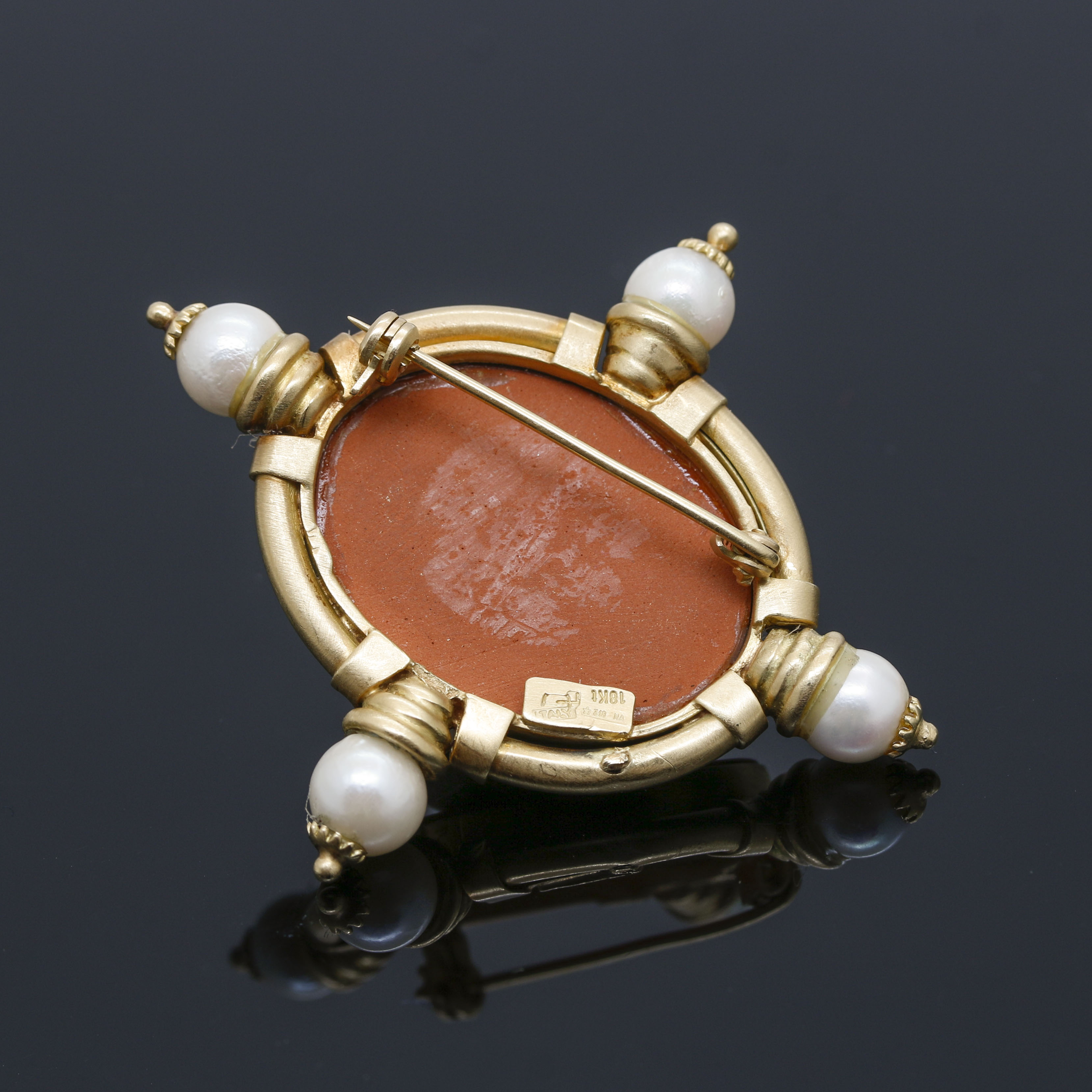 18K Yellow Gold Terra Cotta Cameo and Pearl Brooch