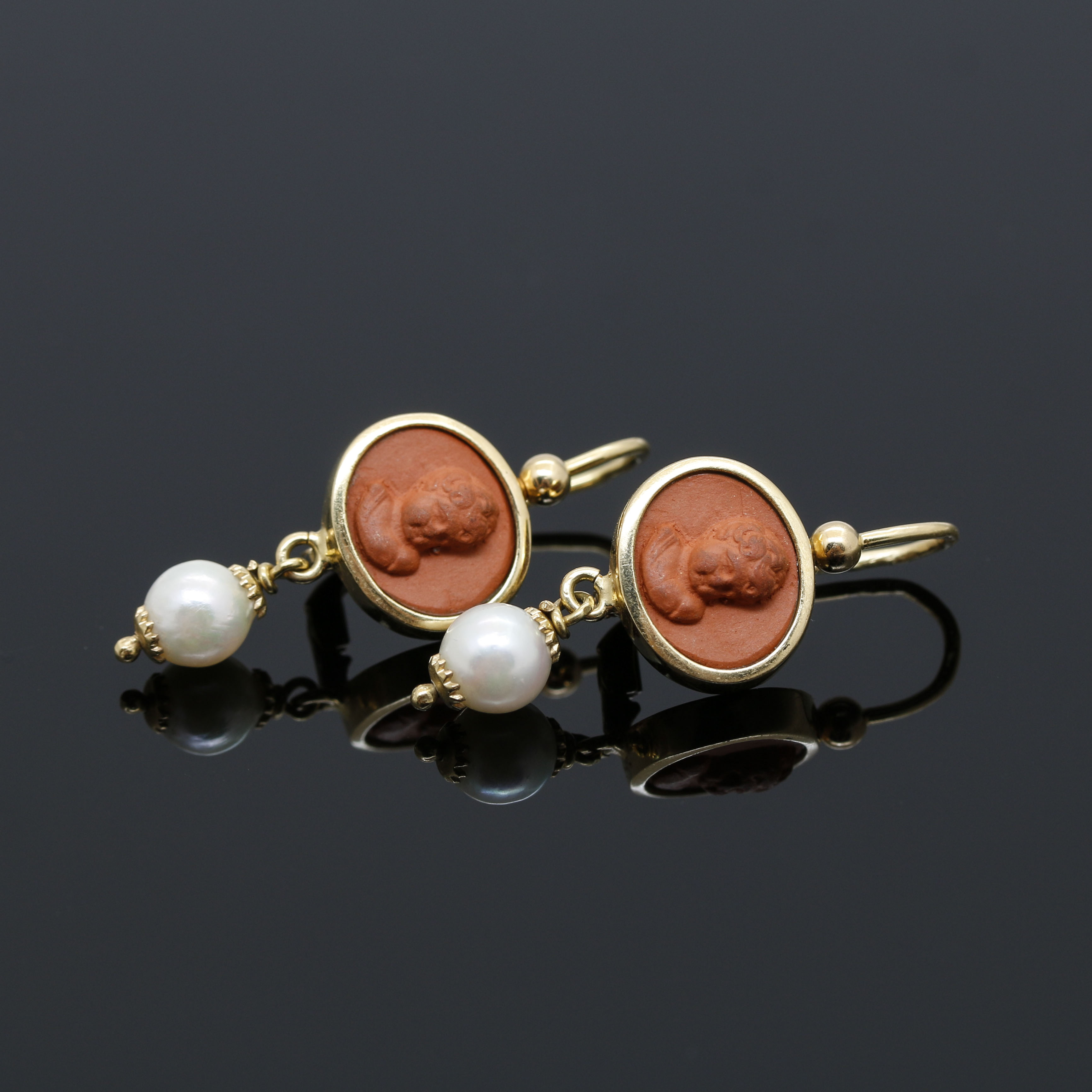 18K Yellow Gold Terracotta and Pearl Drop Earrings