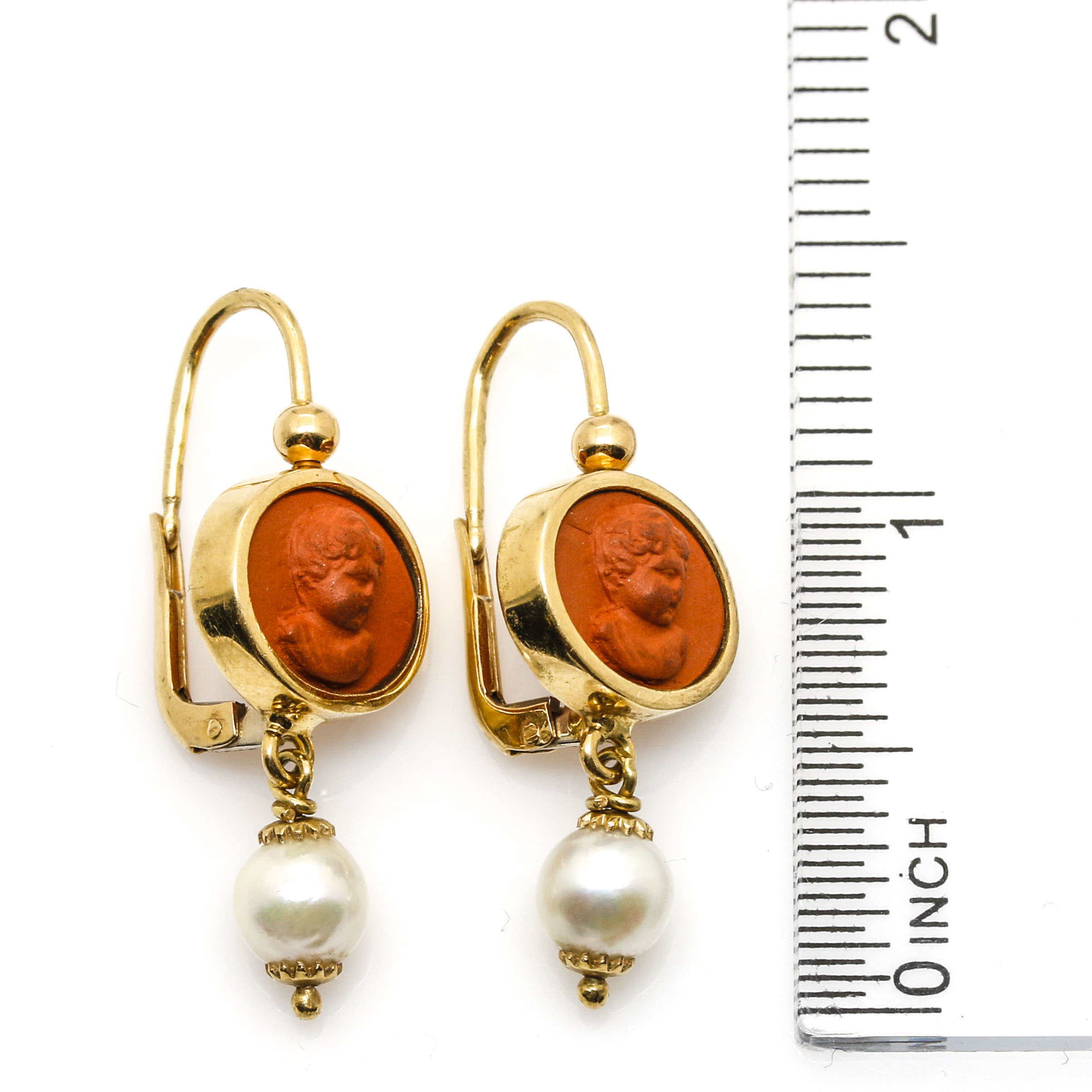 18K Yellow Gold Terracotta and Pearl Drop Earrings