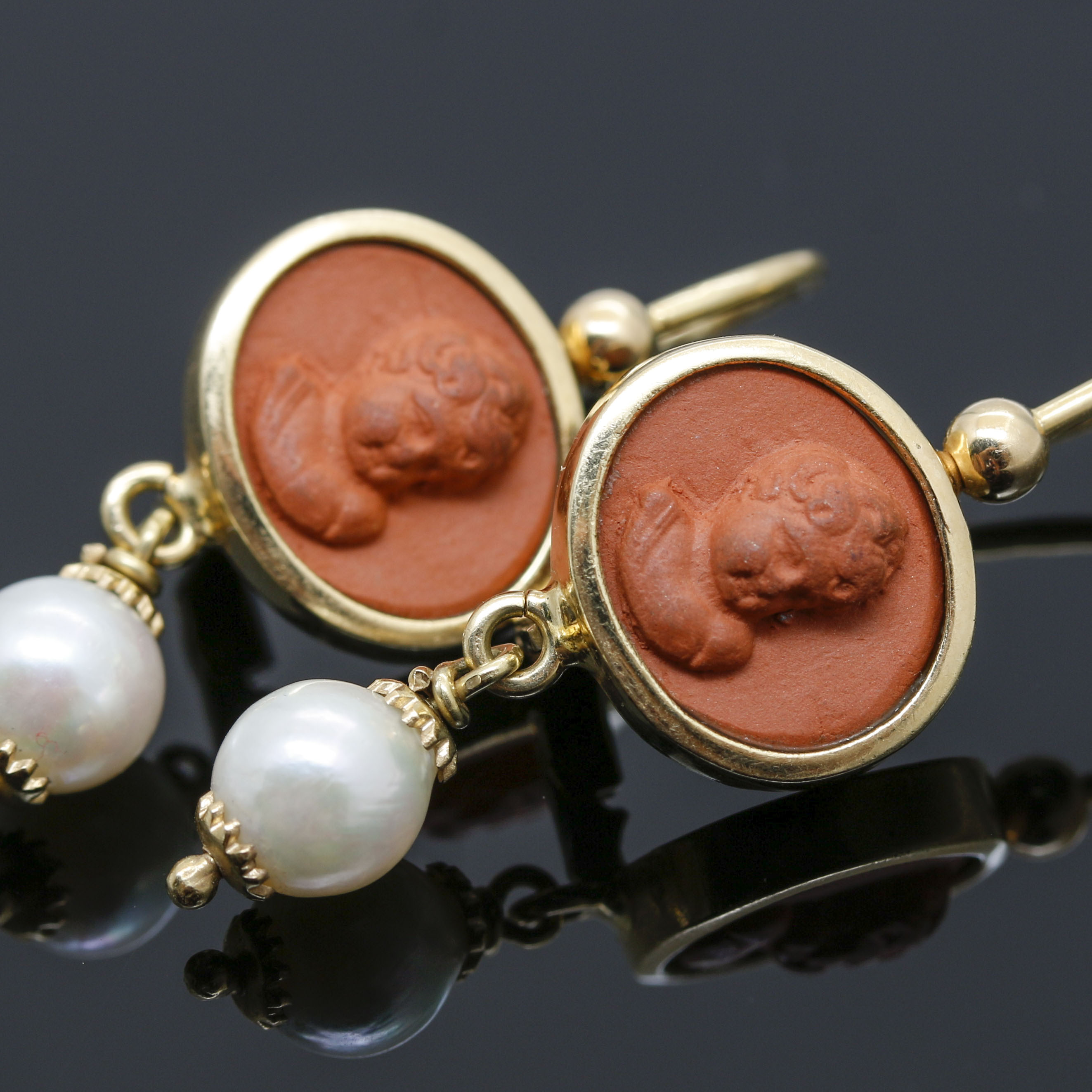 18K Yellow Gold Terracotta and Pearl Drop Earrings