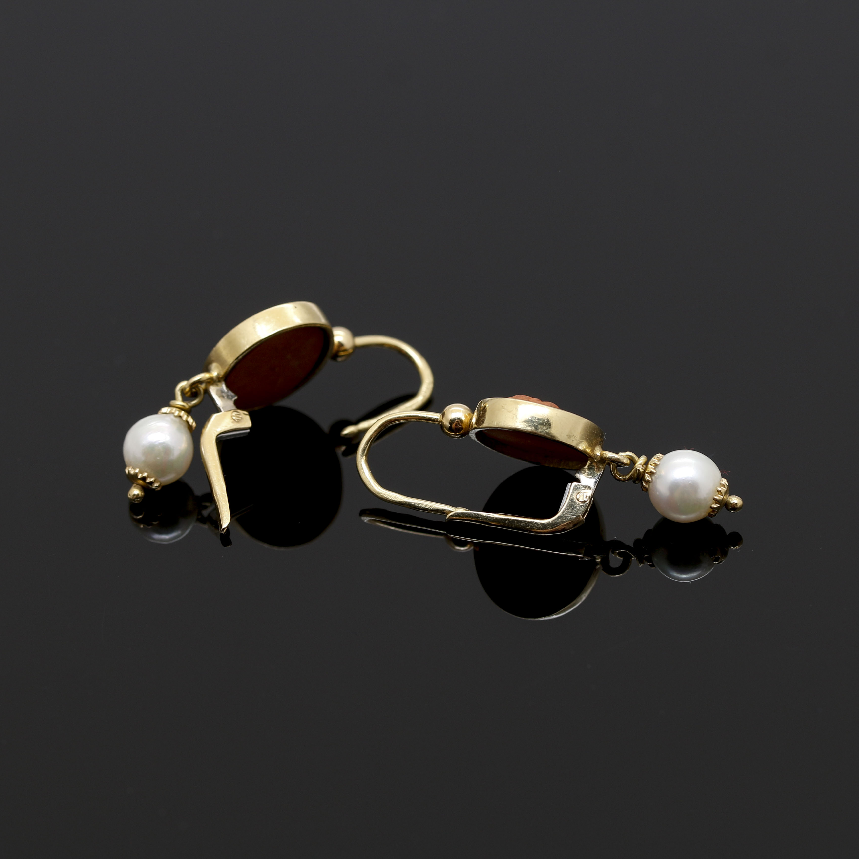 18K Yellow Gold Terracotta and Pearl Drop Earrings