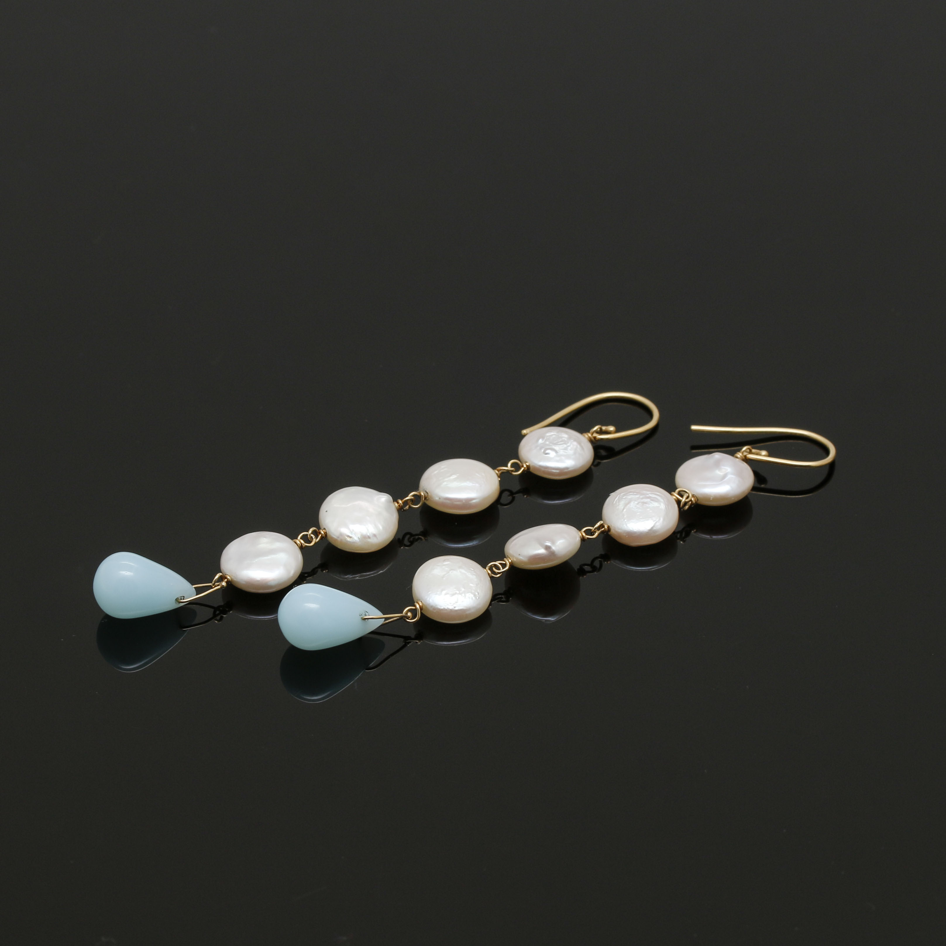Cultured Pearl and Blue Glass Dangle Earrings With 18K Yellow Gold Findings