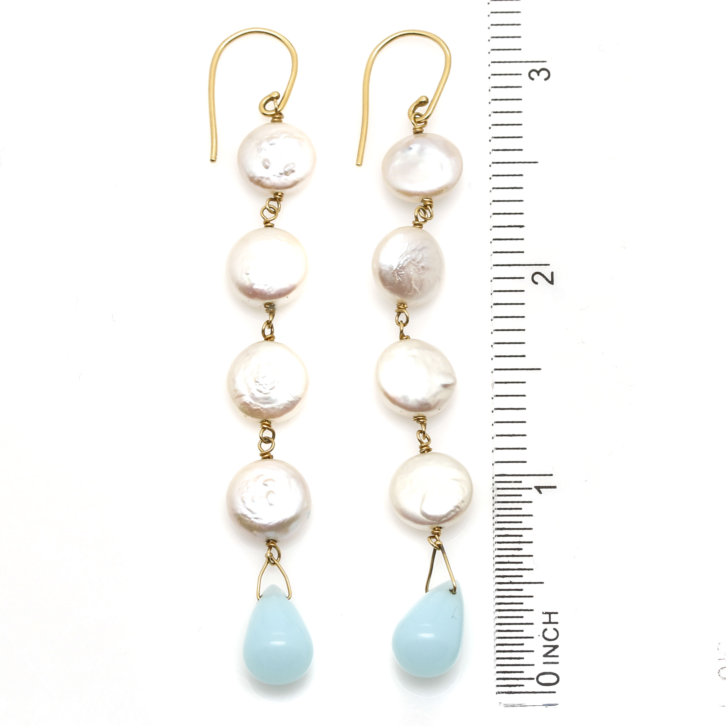 Cultured Pearl and Blue Glass Dangle Earrings With 18K Yellow Gold Findings