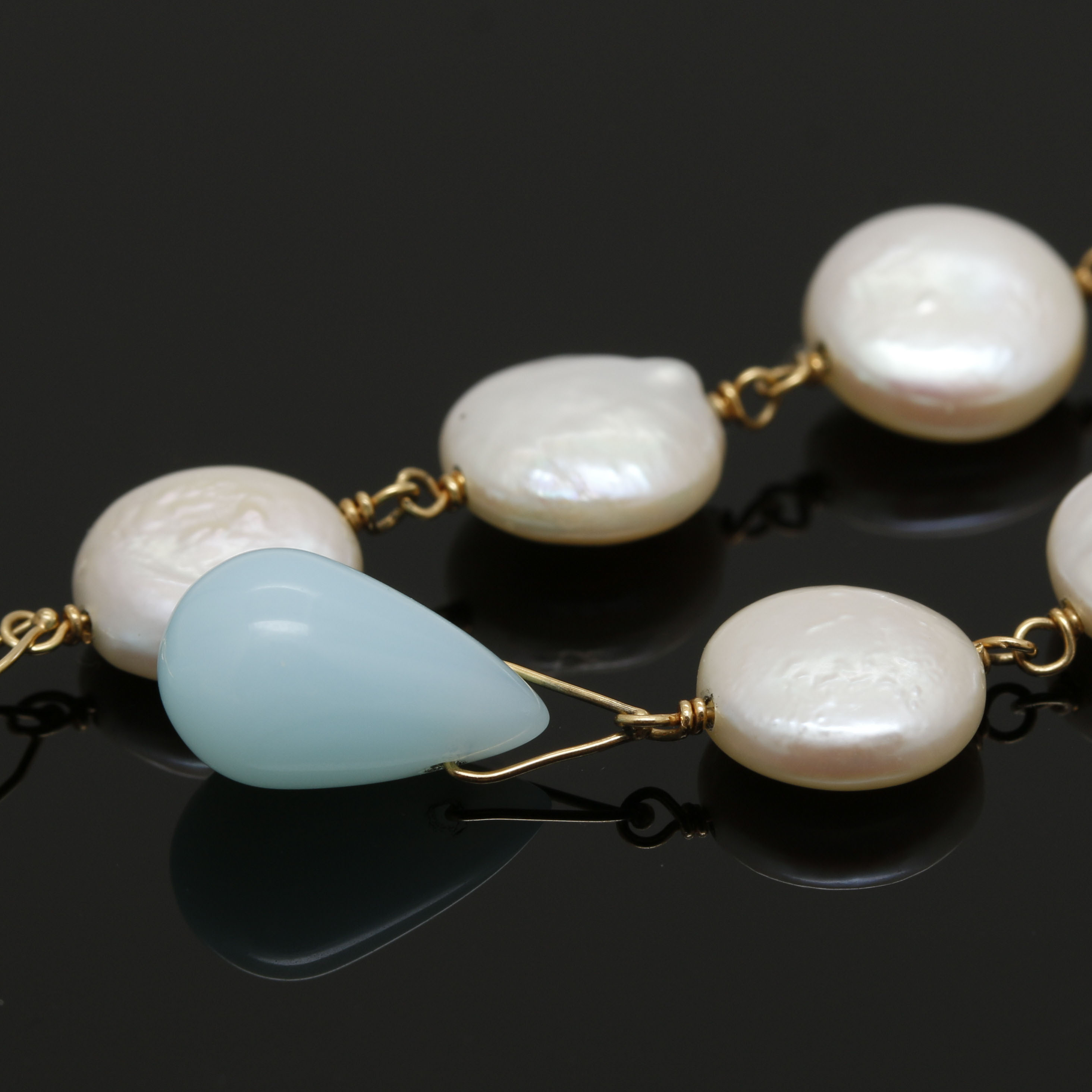Cultured Pearl and Blue Glass Dangle Earrings With 18K Yellow Gold Findings