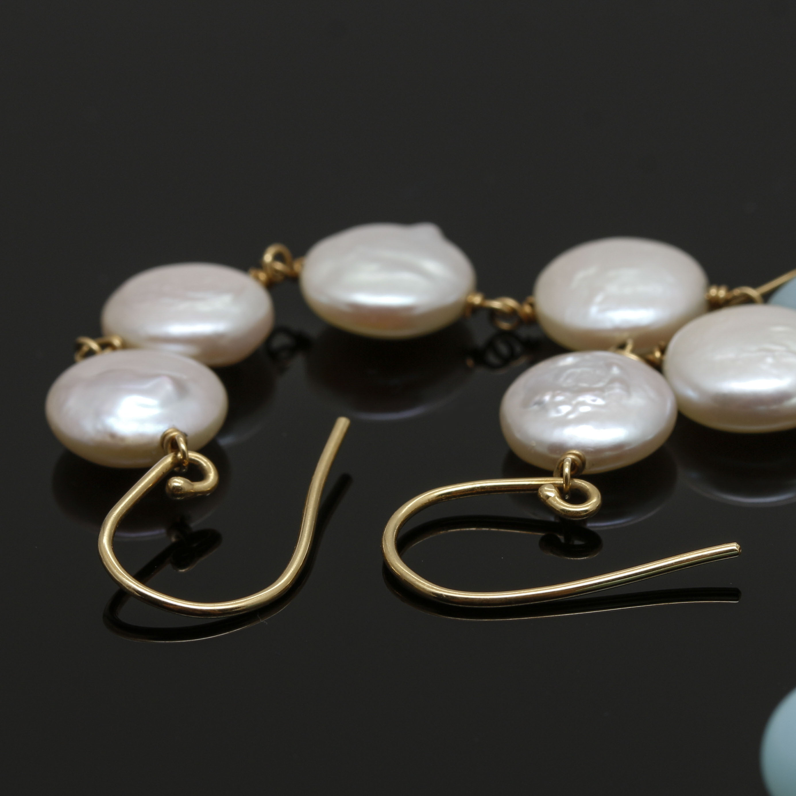 Cultured Pearl and Blue Glass Dangle Earrings With 18K Yellow Gold Findings