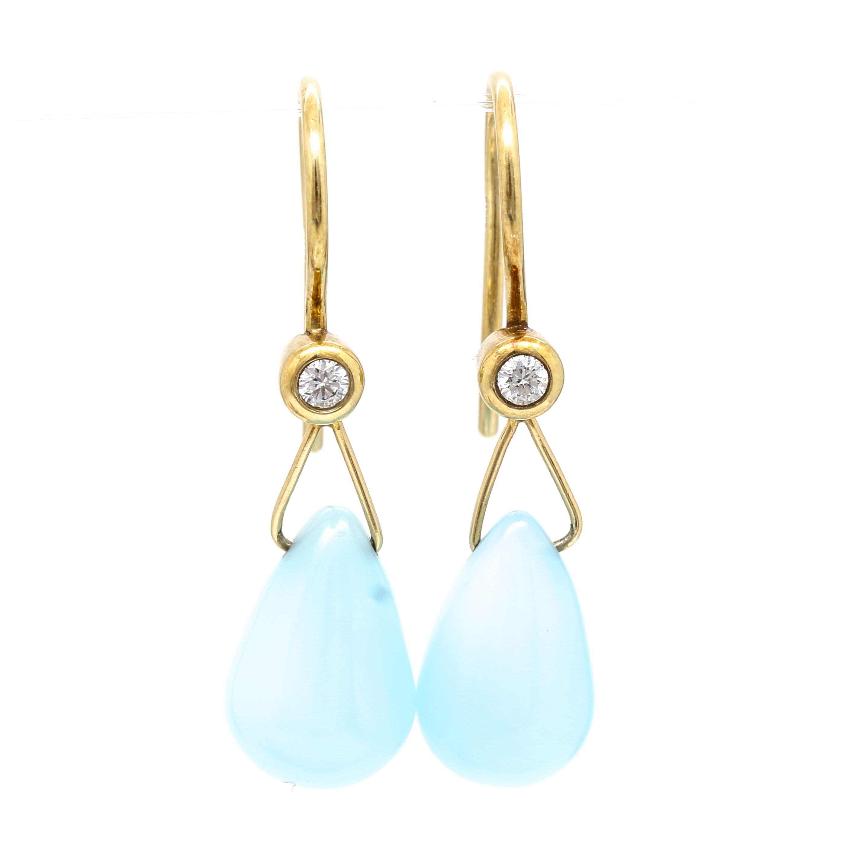 14K Yellow Gold Diamond and Blue Glass Drop Earrings
