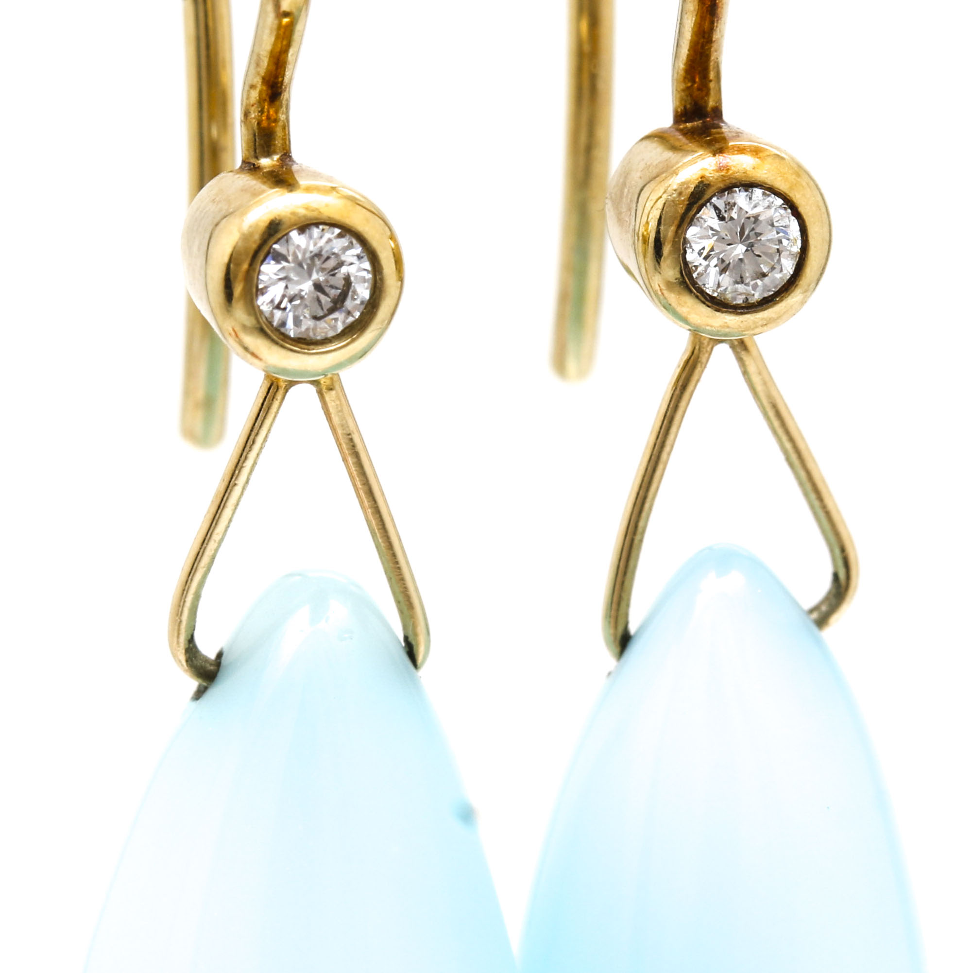 14K Yellow Gold Diamond and Blue Glass Drop Earrings